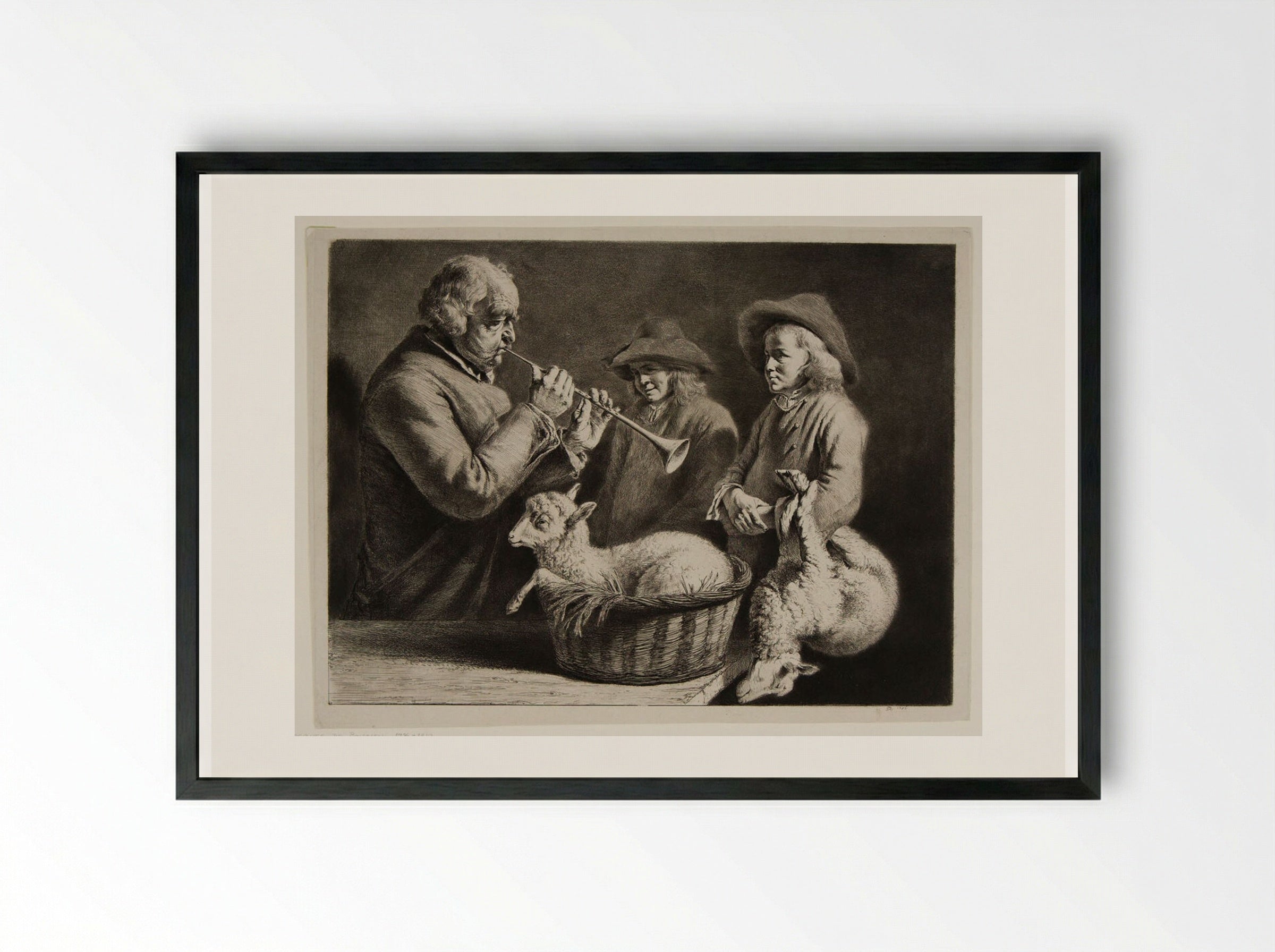 Man Playing the Oboe to Two Young Shepherd Boys - Jean-Jacques de Boissieu - Framed Print Black