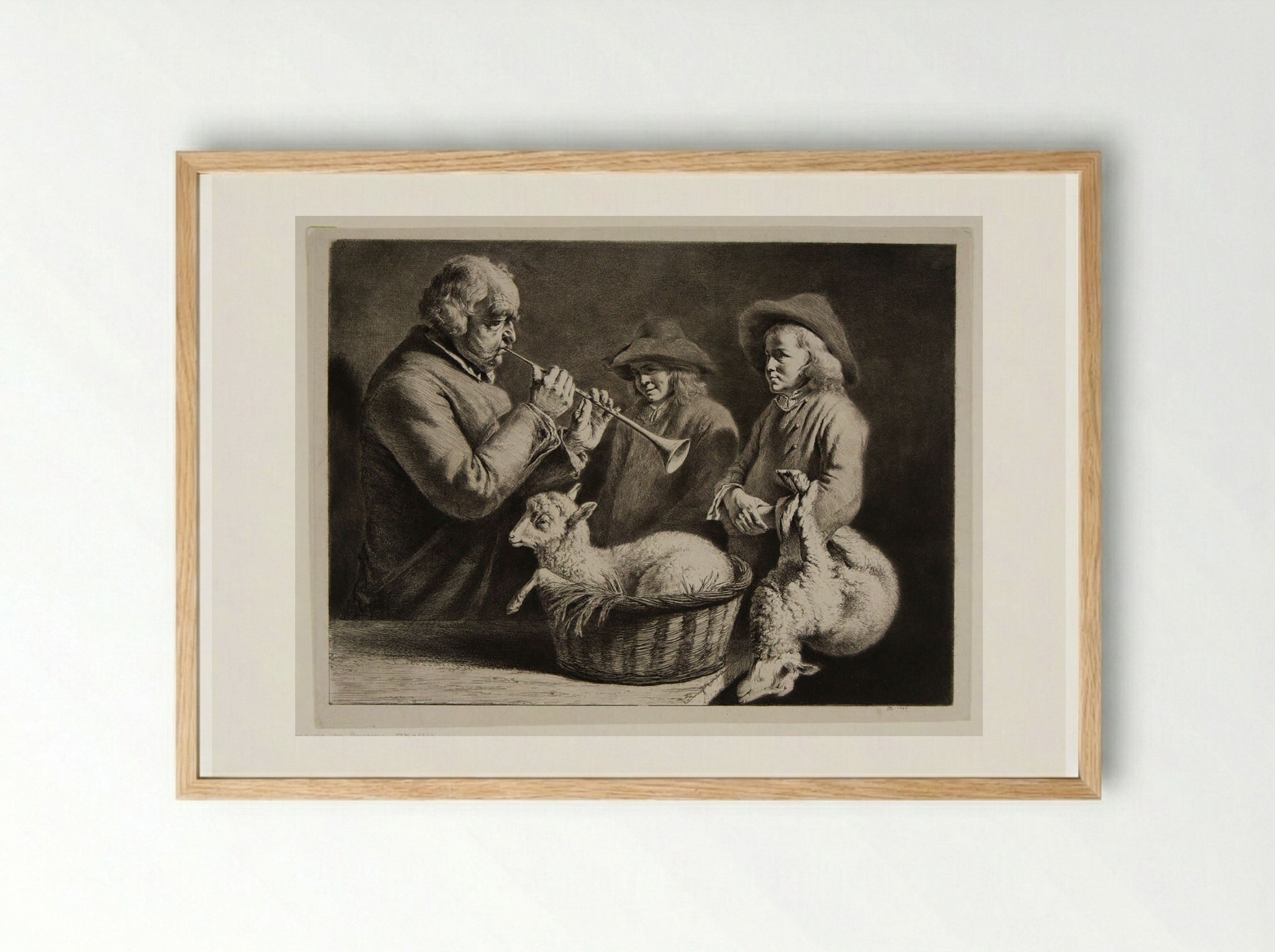 Man Playing the Oboe to Two Young Shepherd Boys - Jean-Jacques de Boissieu - Framed Print Wood