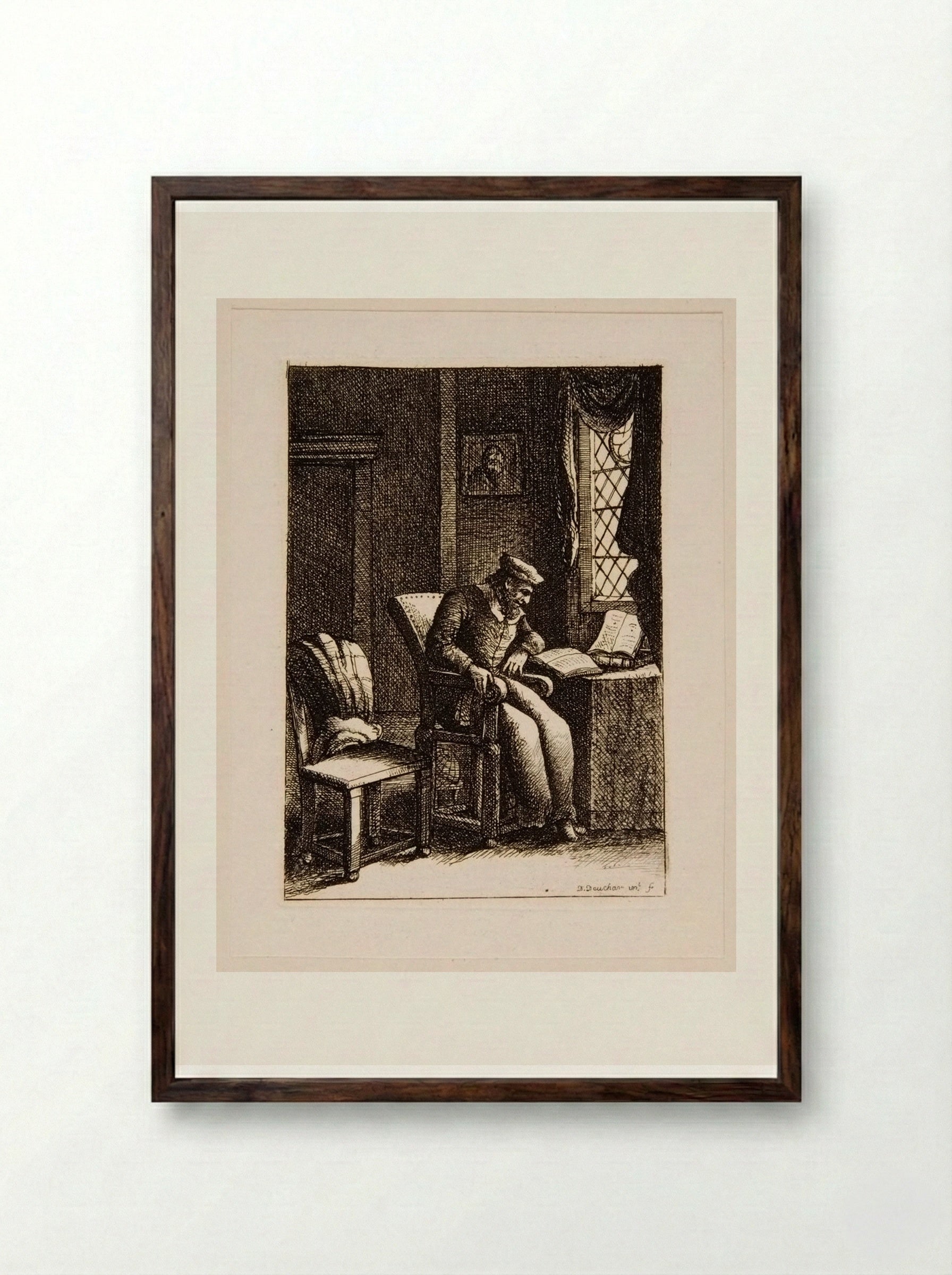 Man Reading in his Cell - David Deuchar - Framed Print Dark Wood