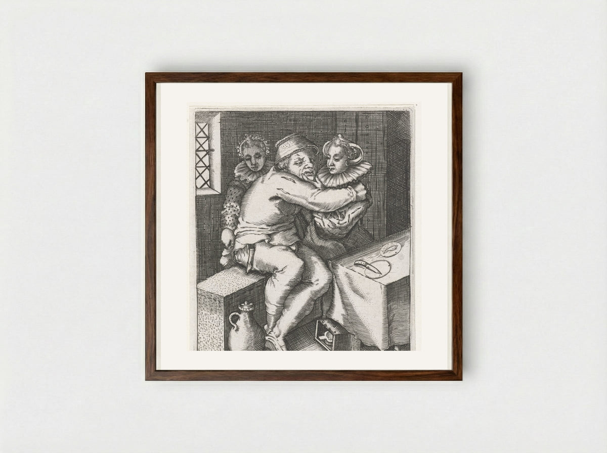 Man Robbed in a Brothel - Johann Theodor de Bry - Framed Print Dark Wood