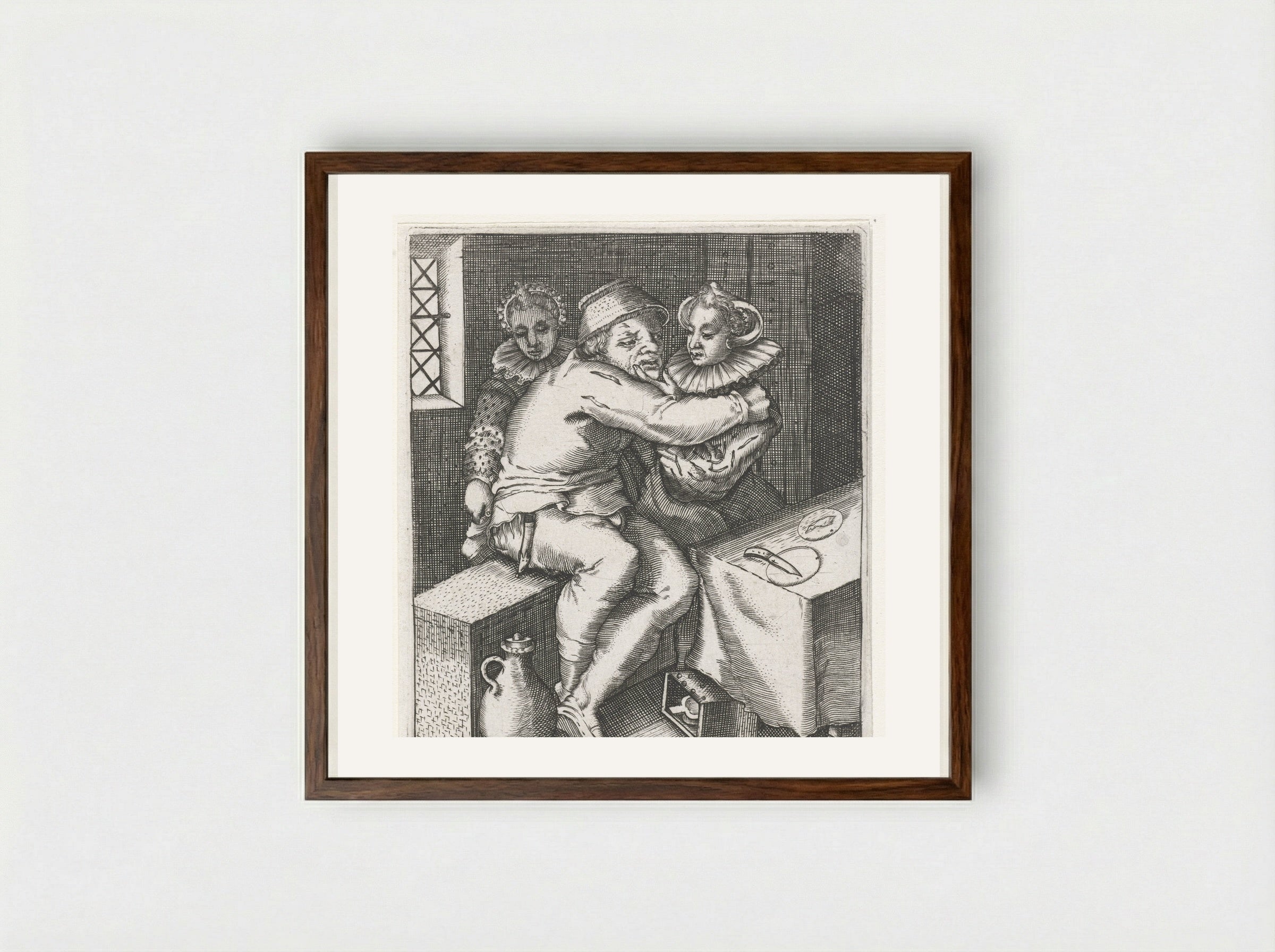 Man Robbed in a Brothel - Johann Theodor de Bry - Framed Print Dark Wood