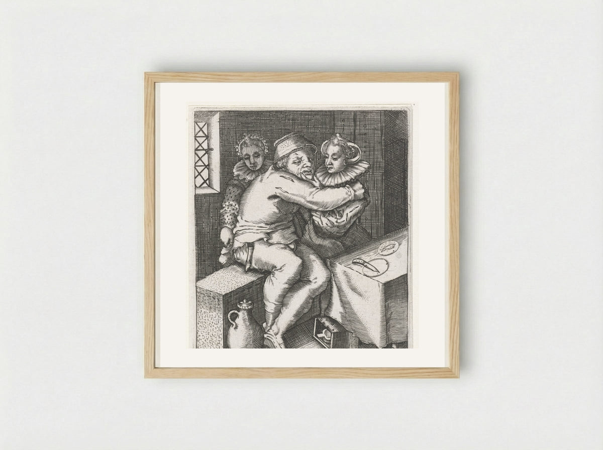 Man Robbed in a Brothel - Johann Theodor de Bry - Framed Print Wood