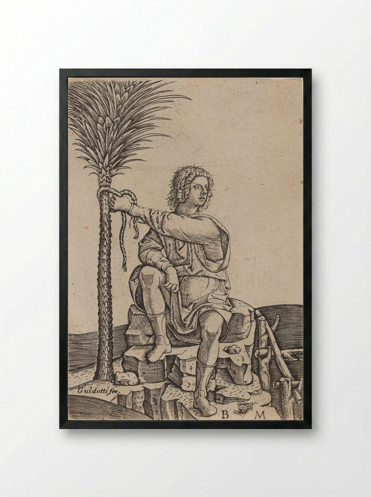 Man Seated by a Palm Tree - Benedetto Montagna - Framed Print Black