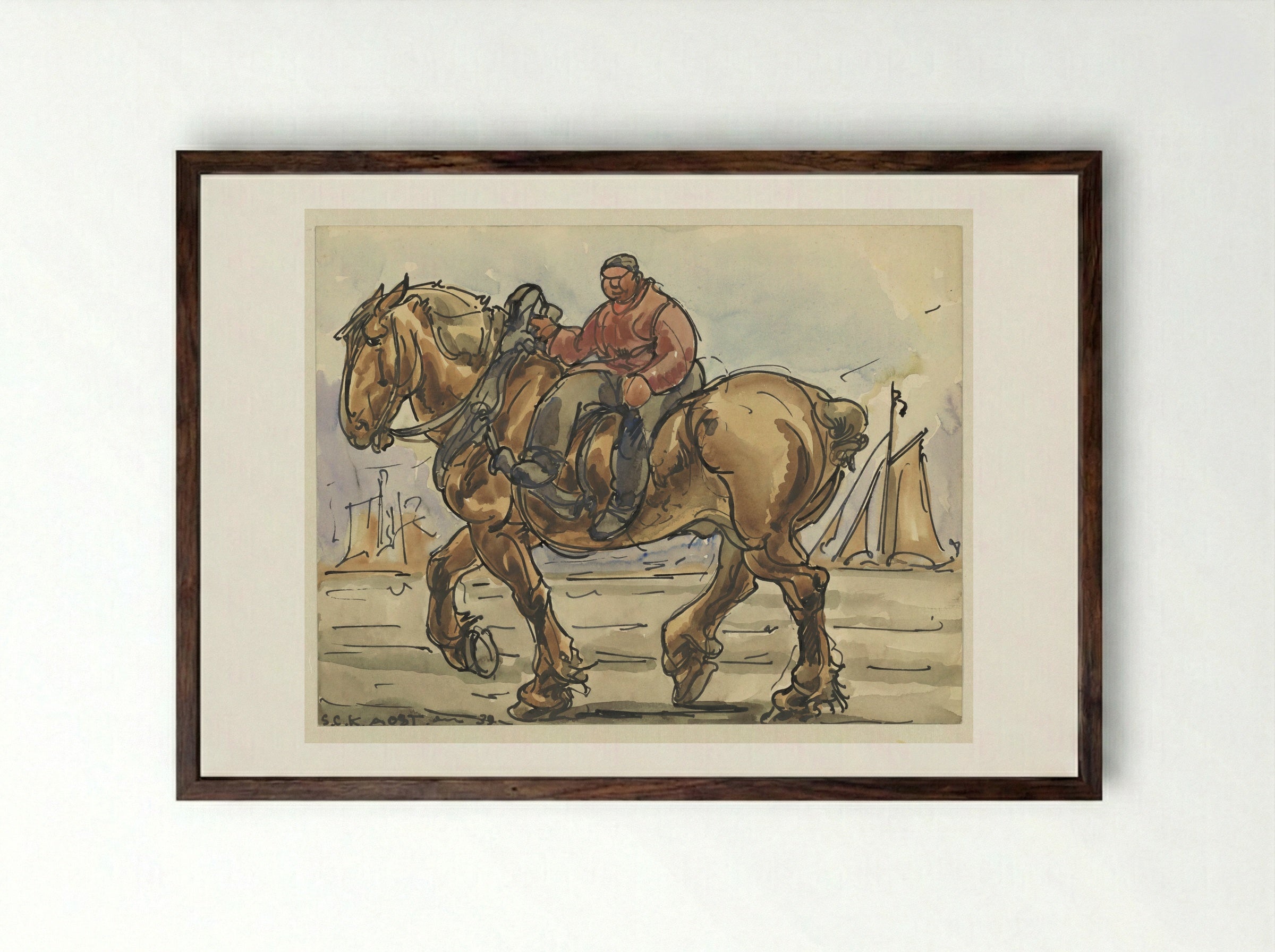 Man Sitting Side-Saddle on a Draught Horse - Alfred Ost - Framed Print Dark Wood