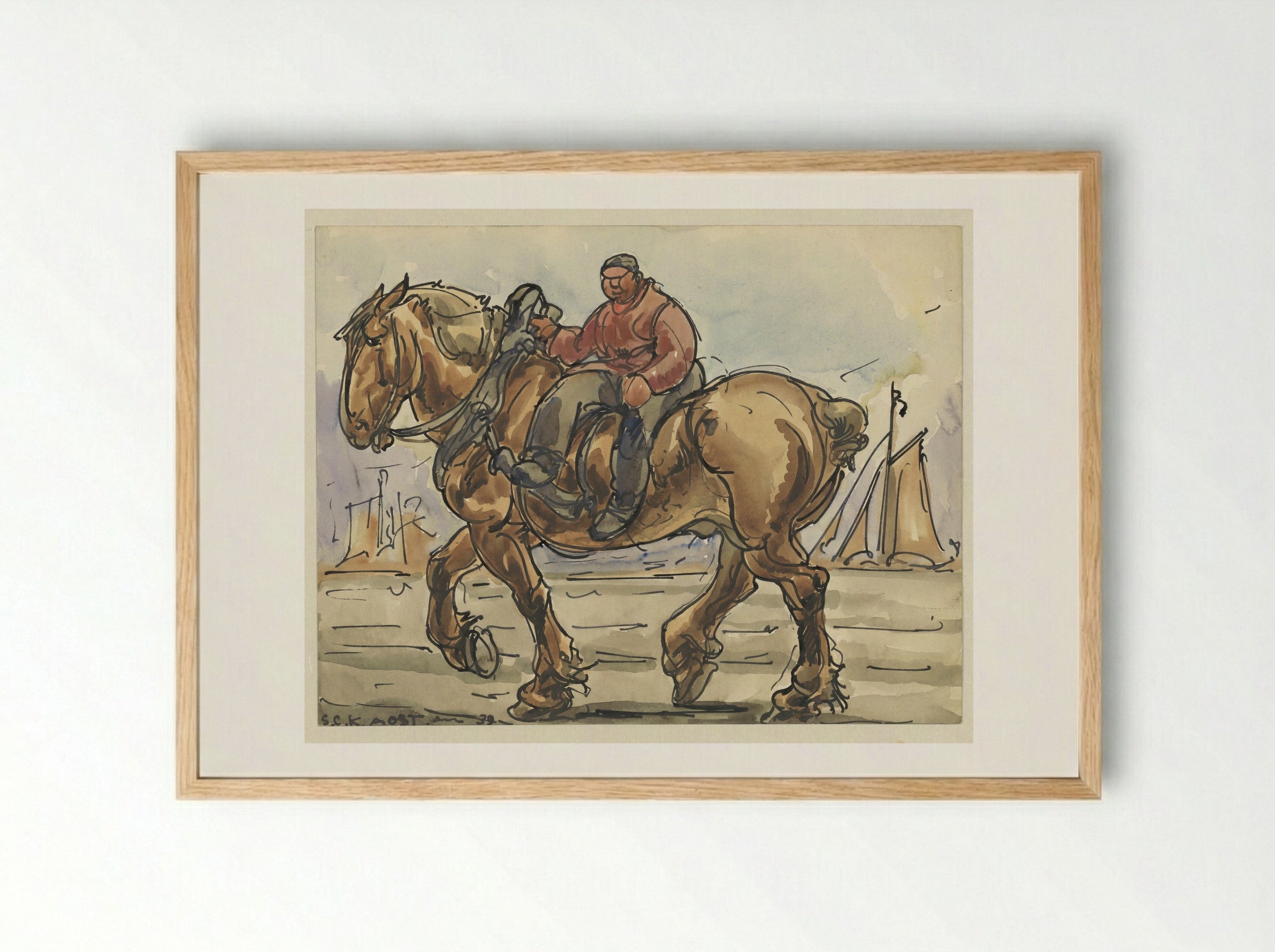 Man Sitting Side-Saddle on a Draught Horse - Alfred Ost - Framed Print Wood