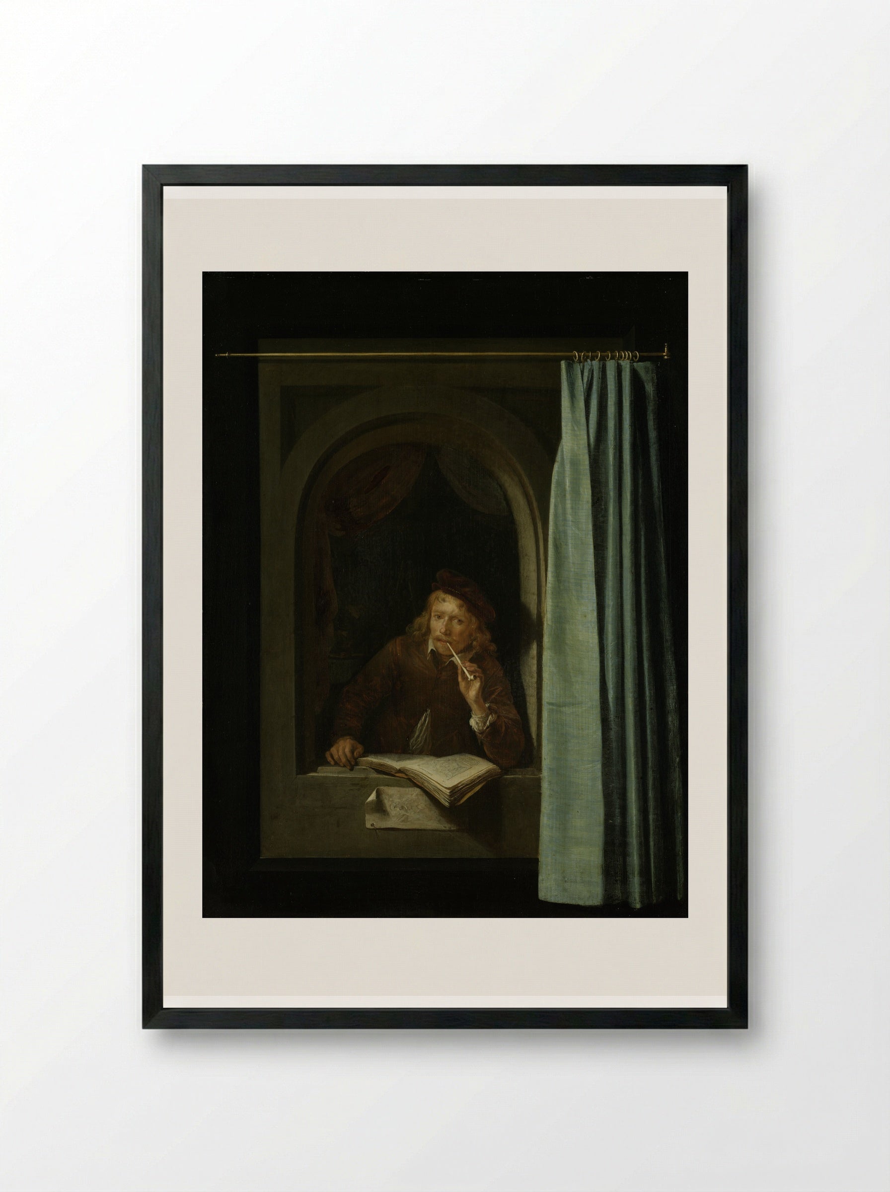 Man Smoking a Pipe - Gerrit Dou - Framed Print Black
