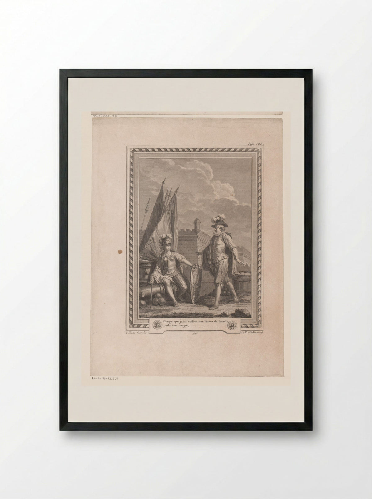 Man Standing Before a Woman in Armour Seated on a Cannon - Jean-Jacques-François Le Barbier - Framed Print Black