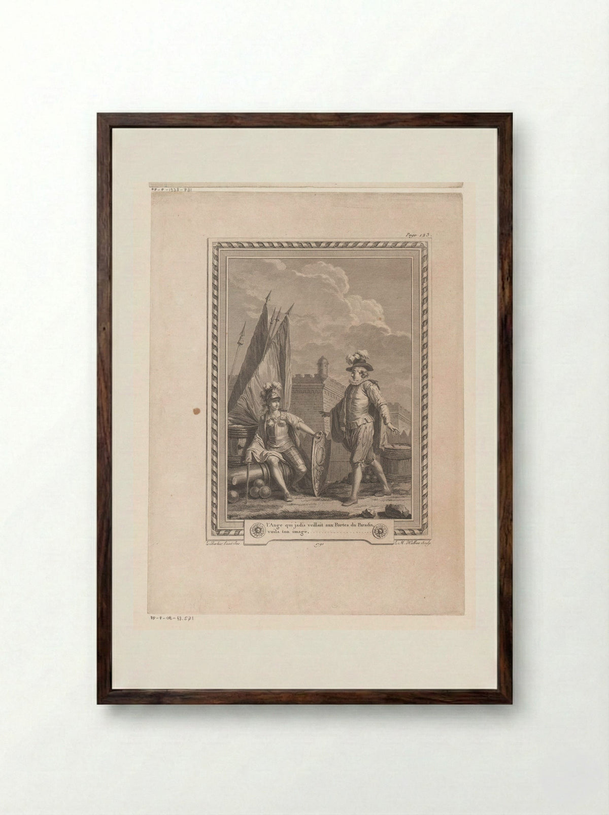Man Standing Before a Woman in Armour Seated on a Cannon - Jean-Jacques-François Le Barbier - Framed Print Dark Wood