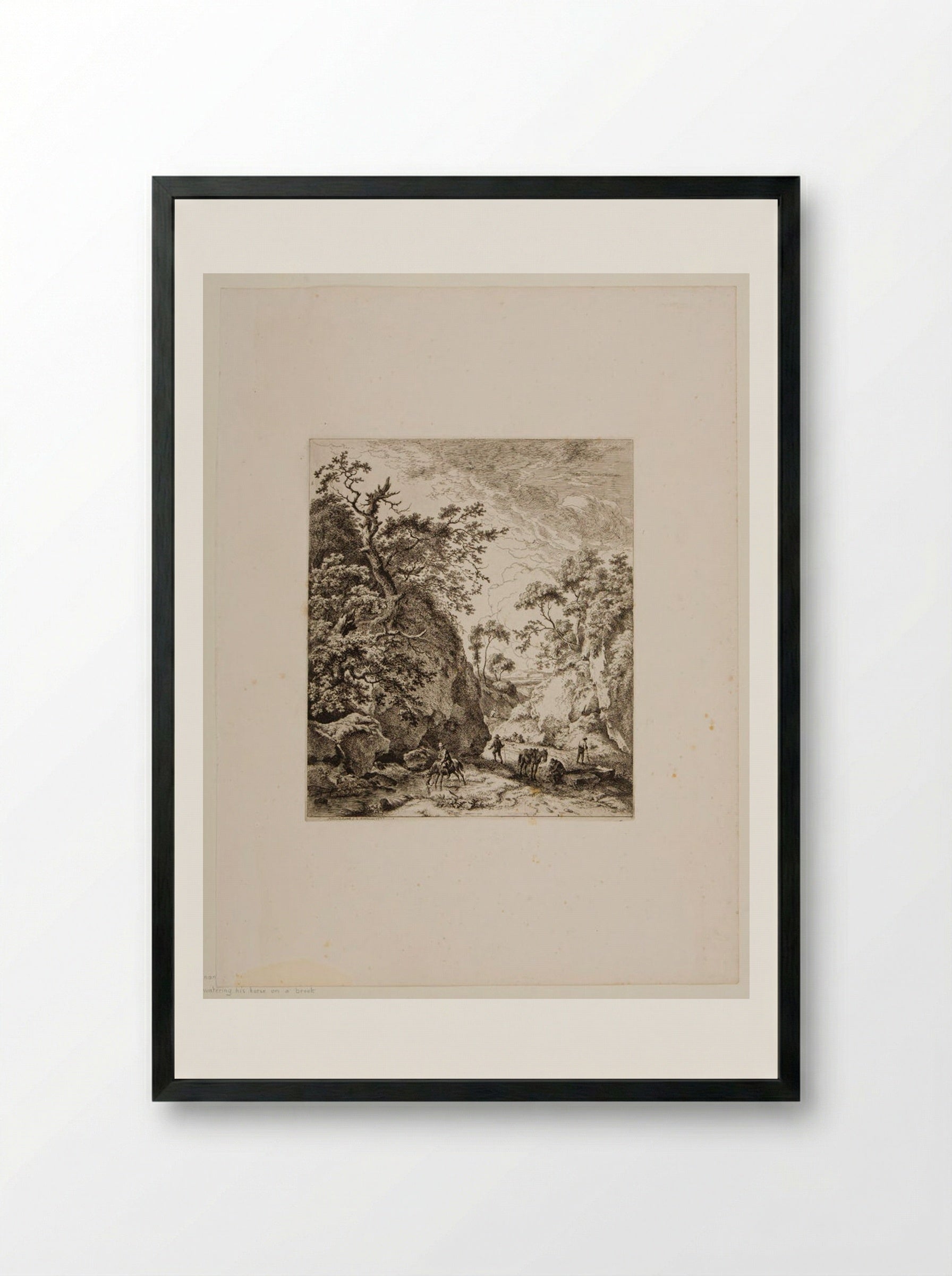 Man Watering His Horse in a Brook - Ferdinand Kobell - Framed Print Black