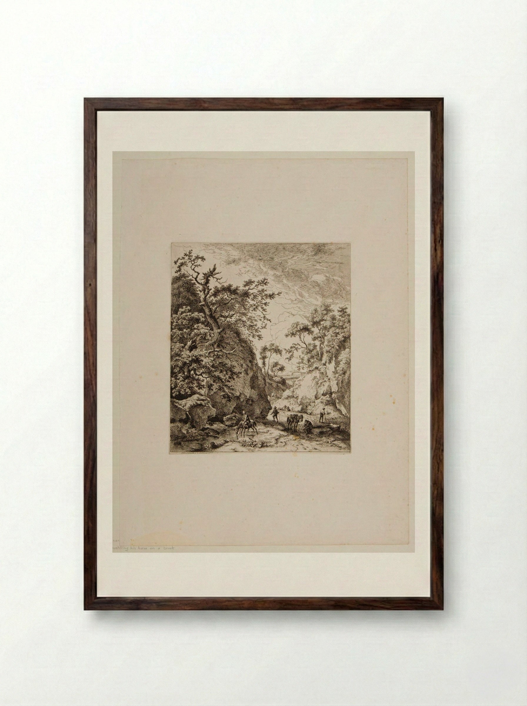 Man Watering His Horse in a Brook - Ferdinand Kobell - Framed Print Dark Wood