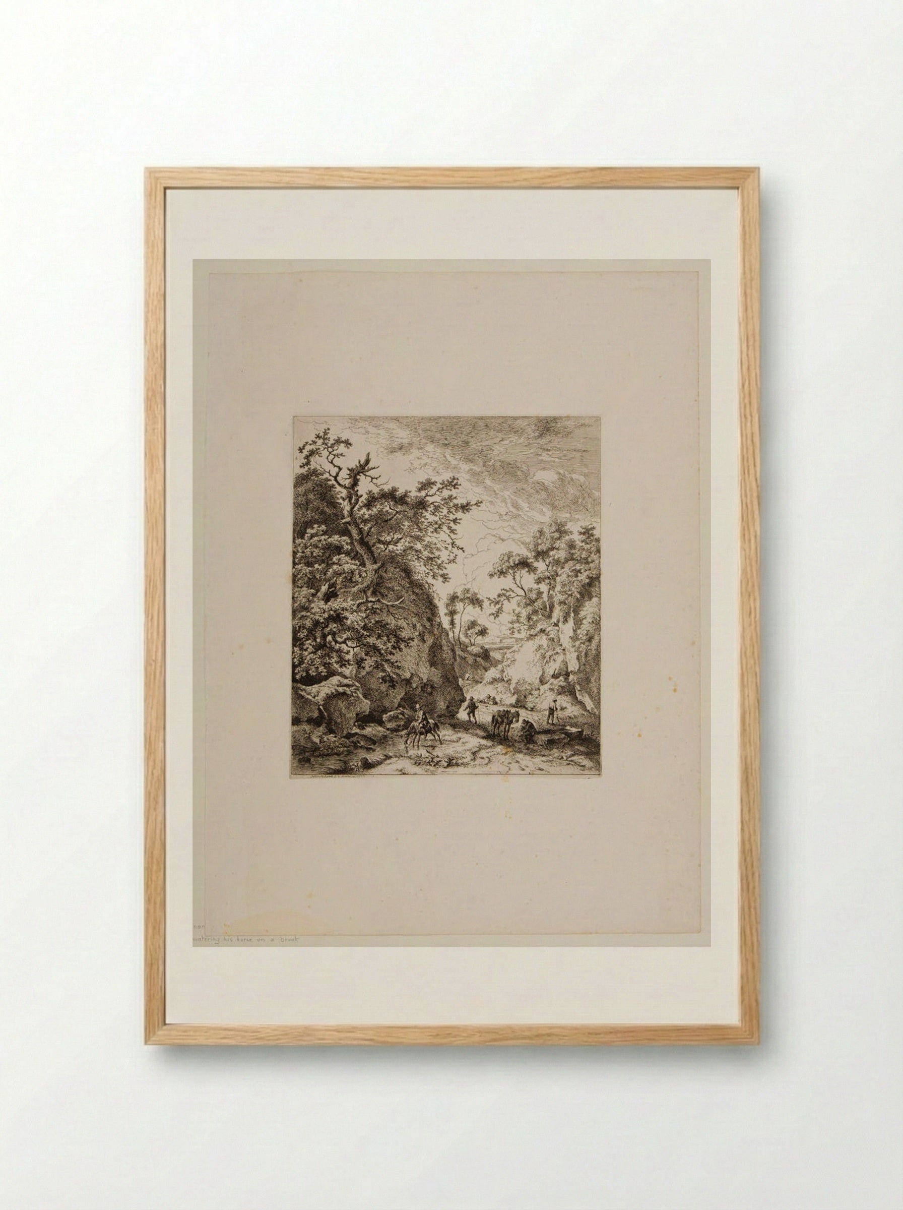 Man Watering His Horse in a Brook - Ferdinand Kobell - Framed Print Wood