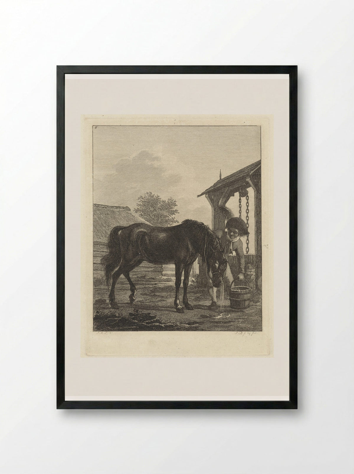 Man Watering a Horse at a Well - Joannes Bemme - Framed Print Black