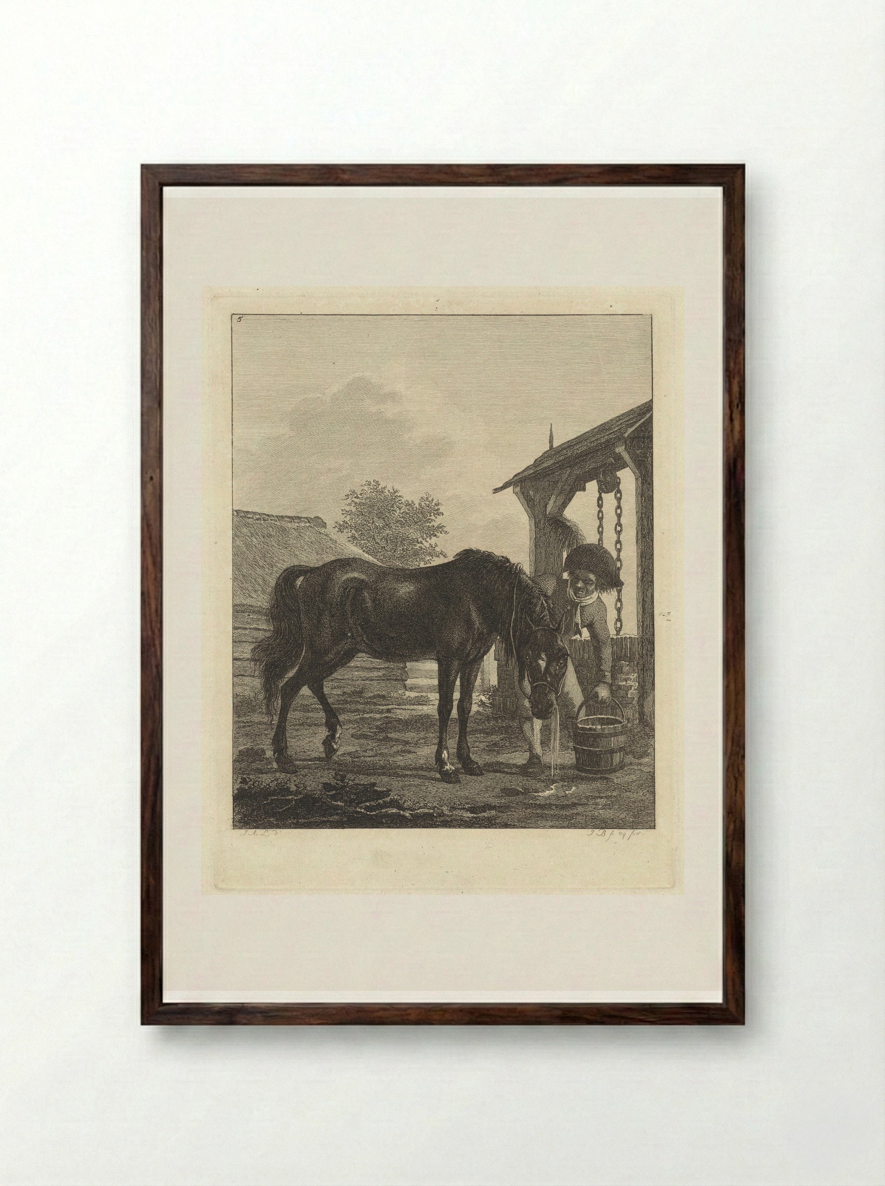 Man Watering a Horse at a Well - Joannes Bemme - Framed Print Dark Wood