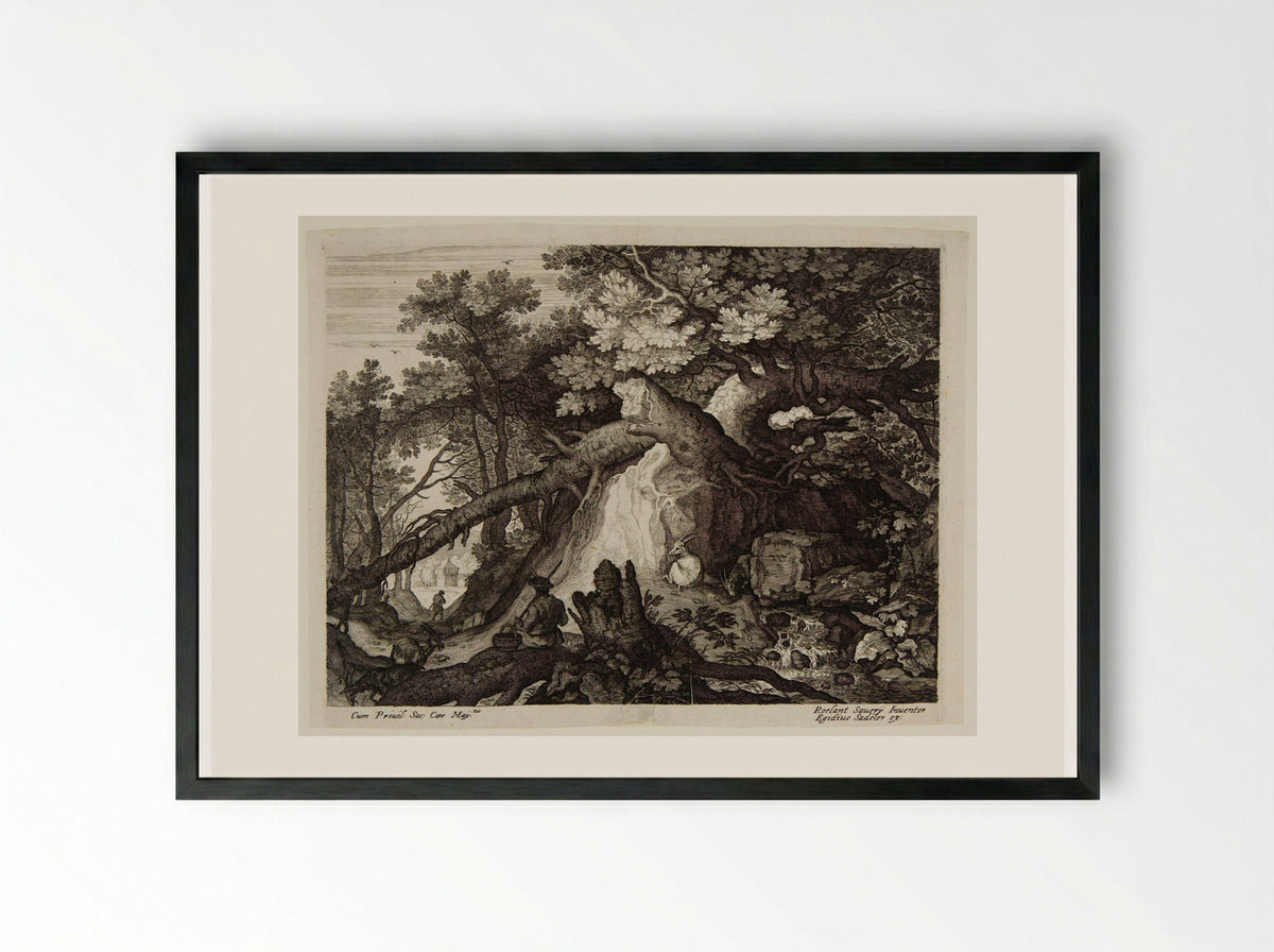 Man and Four Goats near a Waterfall - Aegidius Sadeler II - Framed Print Black