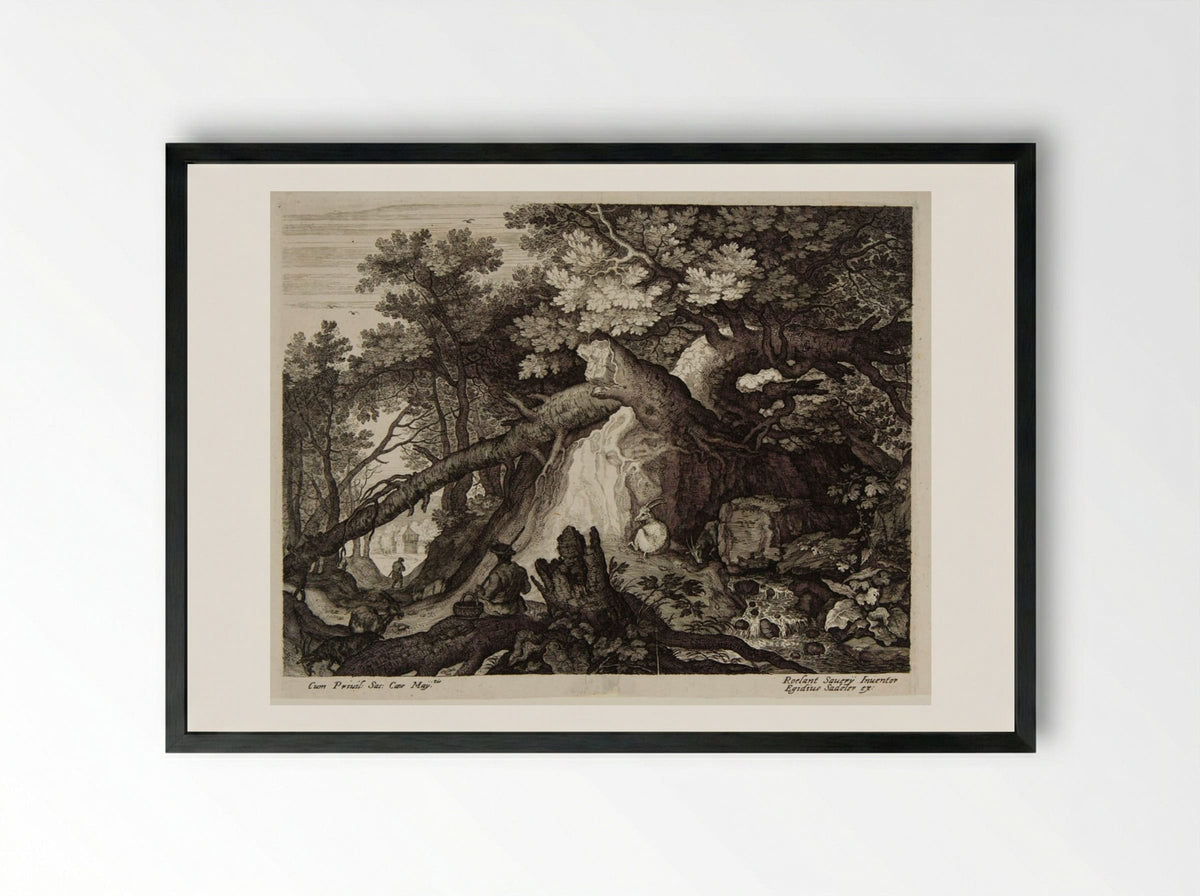 Man and Four Goats near a Waterfall - Aegidius Sadeler II - Framed Print Black