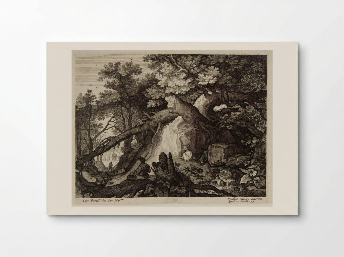 Man and Four Goats near a Waterfall - Aegidius Sadeler II - Poster