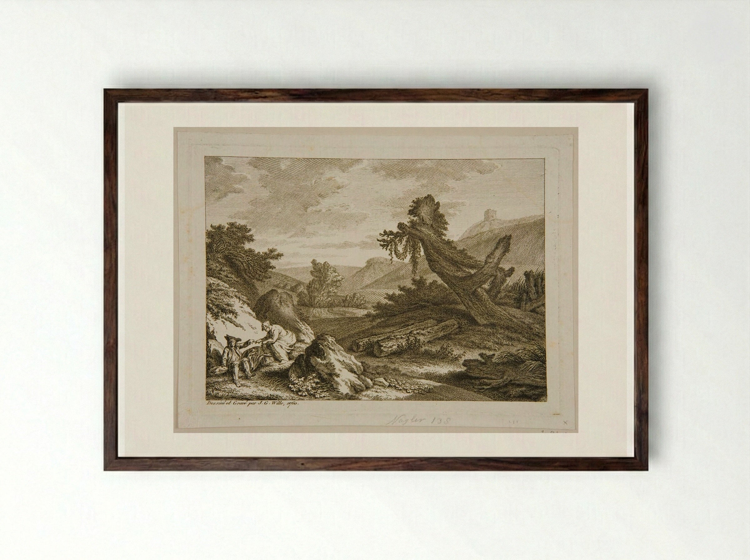 Man and Woman Eating Grapes - Johann Georg Wille - Framed Print Dark Wood
