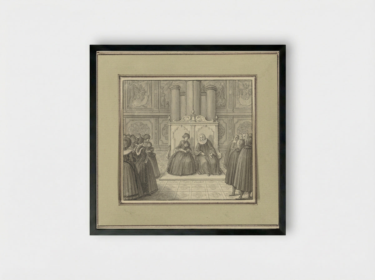 Man and Woman Seated on a Monumental Bench Among Standing Figures - Catharina Heckel-Sperling - Framed Print Black