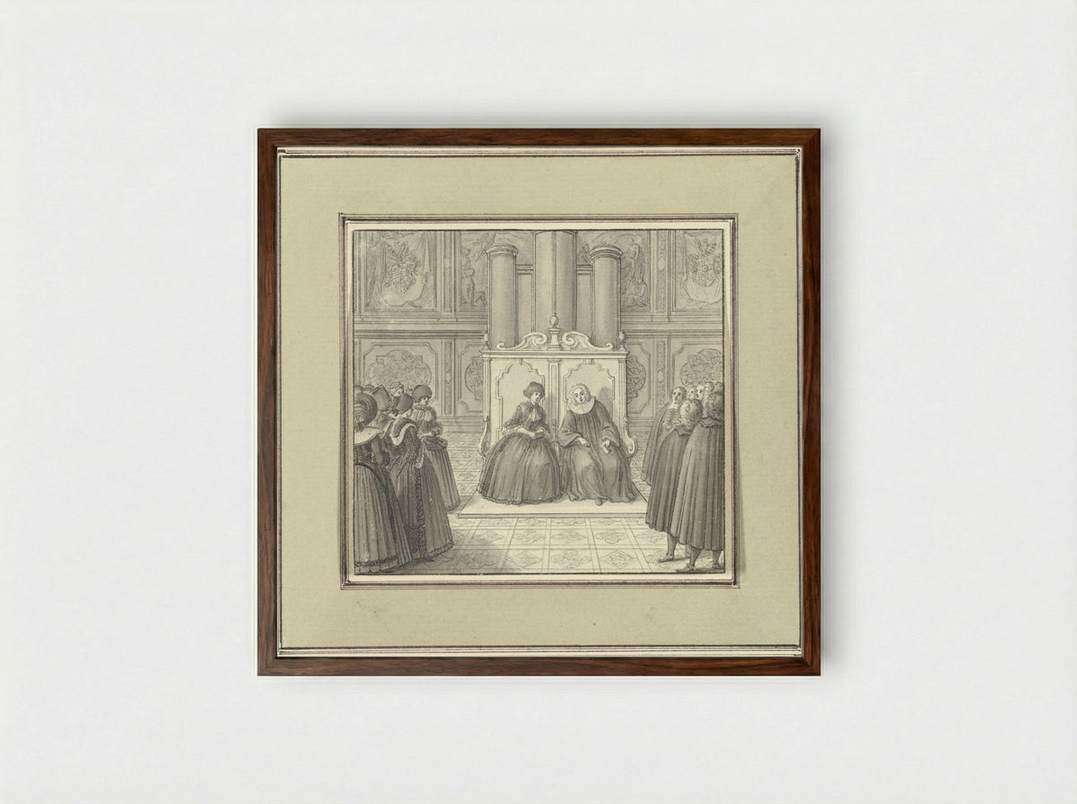 Man and Woman Seated on a Monumental Bench Among Standing Figures - Catharina Heckel-Sperling - Framed Print Dark Wood