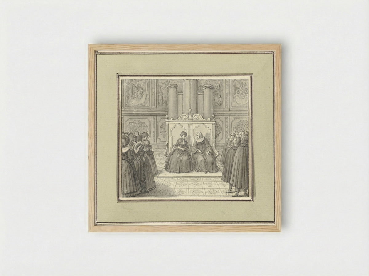 Man and Woman Seated on a Monumental Bench Among Standing Figures - Catharina Heckel-Sperling - Framed Print Wood