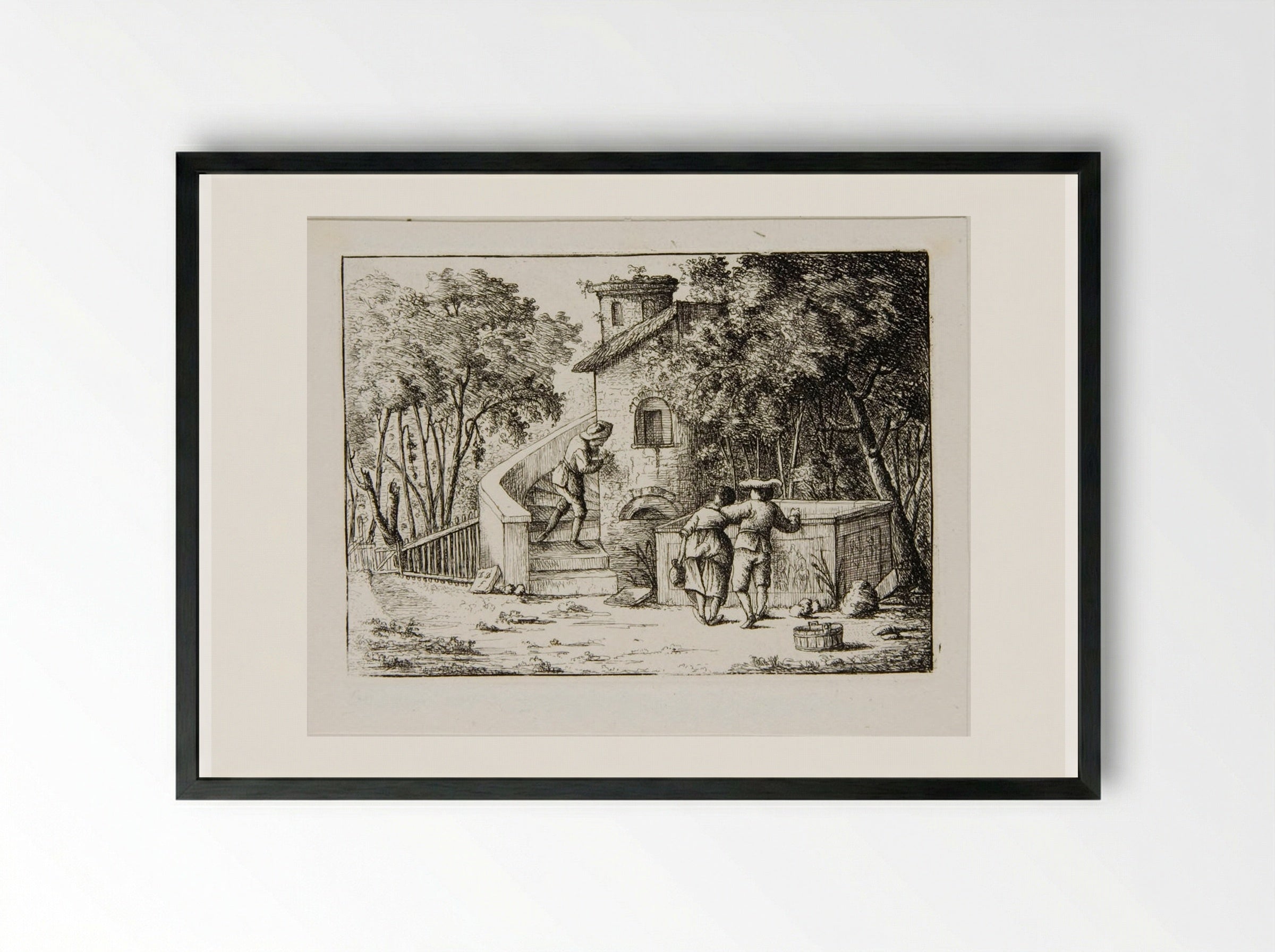 Man and Woman Standing by a Sarcophagus, Watching a Man Ascending Steps - David Deuchar - Framed Print Black