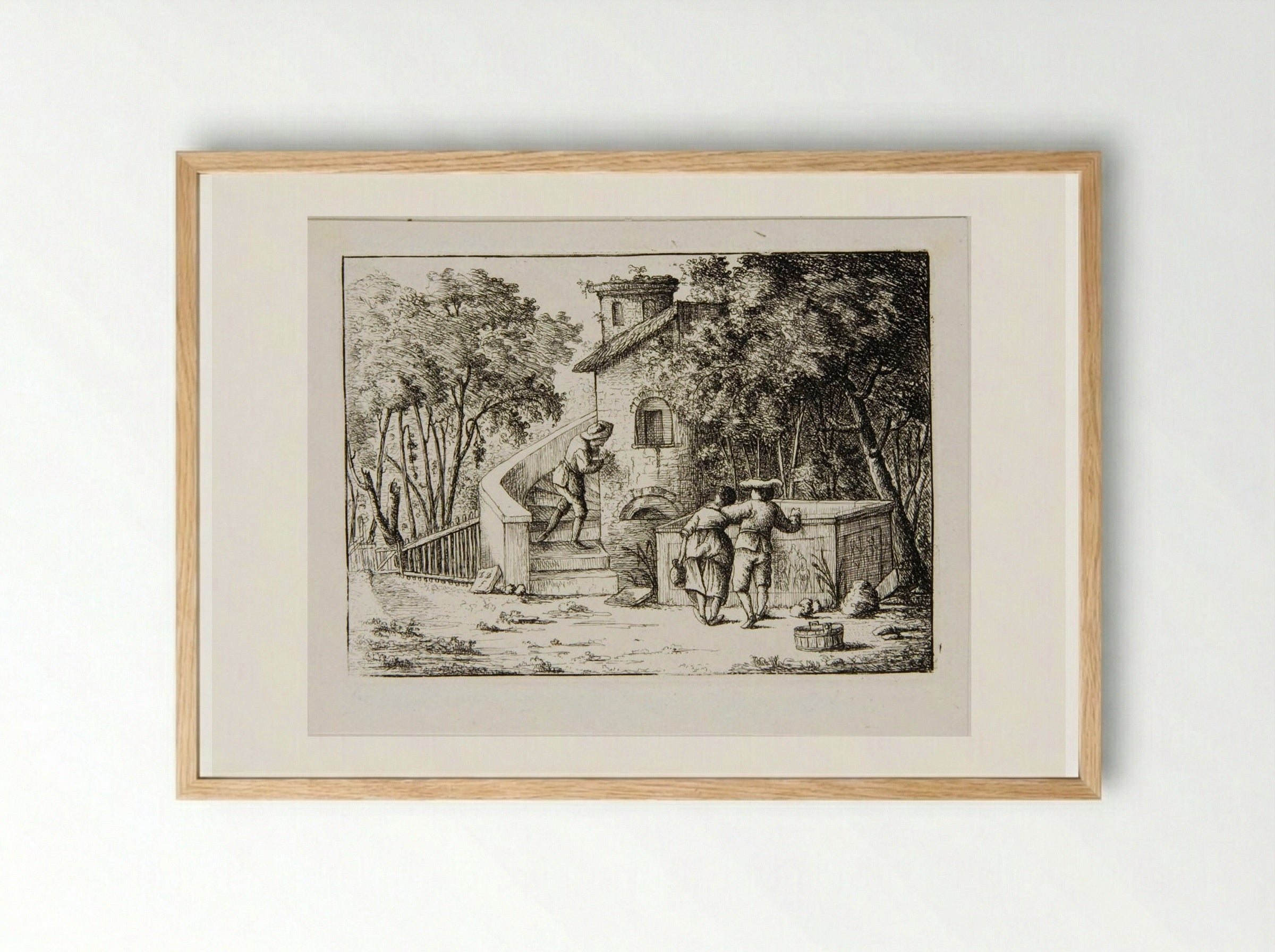 Man and Woman Standing by a Sarcophagus, Watching a Man Ascending Steps - David Deuchar - Framed Print Wood