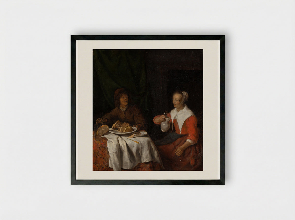 Man and Woman at the Breakfast Table - Gabriël Metsu - Framed Print Black