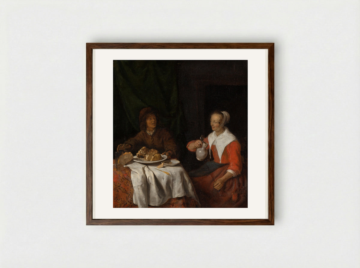 Man and Woman at the Breakfast Table - Gabriël Metsu - Framed Print Dark Wood