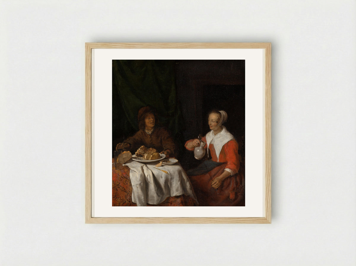 Man and Woman at the Breakfast Table - Gabriël Metsu - Framed Print Wood