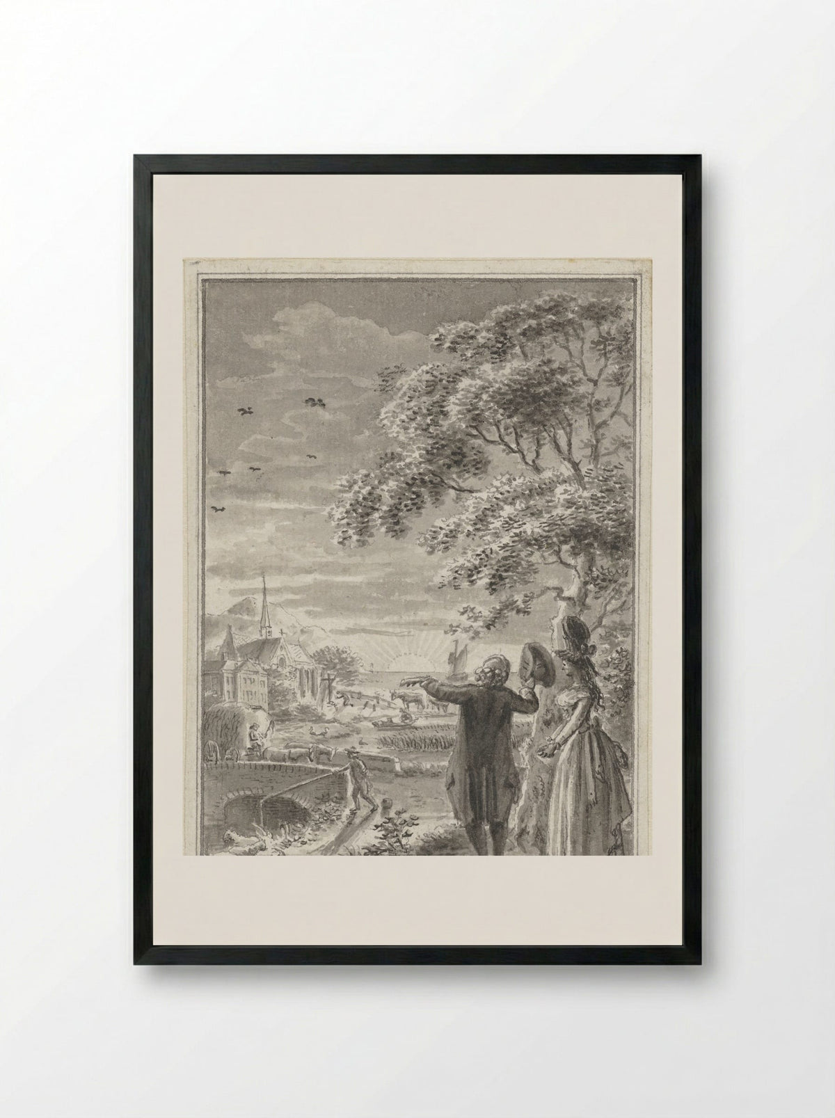 Man and Woman in a Landscape at Sunset - Johannes Petrus van Horstok - Framed Print Black