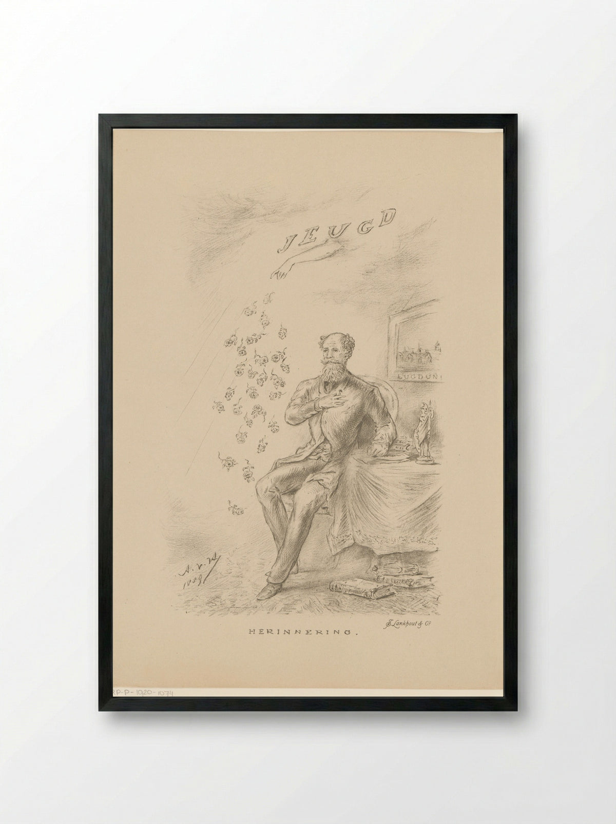 Man at a Table with Falling Roses - Samuel Lankhout & Co - Framed Print Black