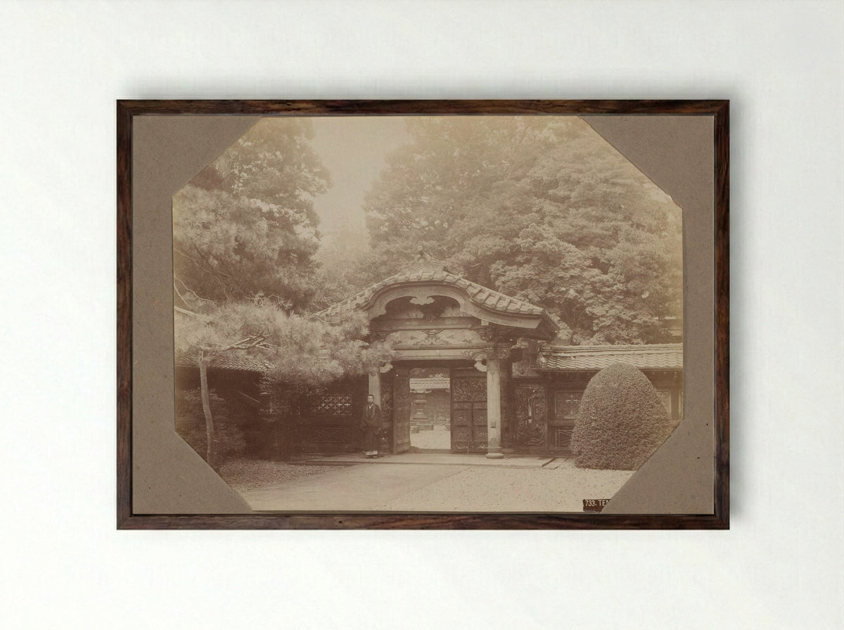 Man at the Gate of a Temple in Shiba, Tokyo - Kusakabe Kimbei - Framed Print Dark Wood