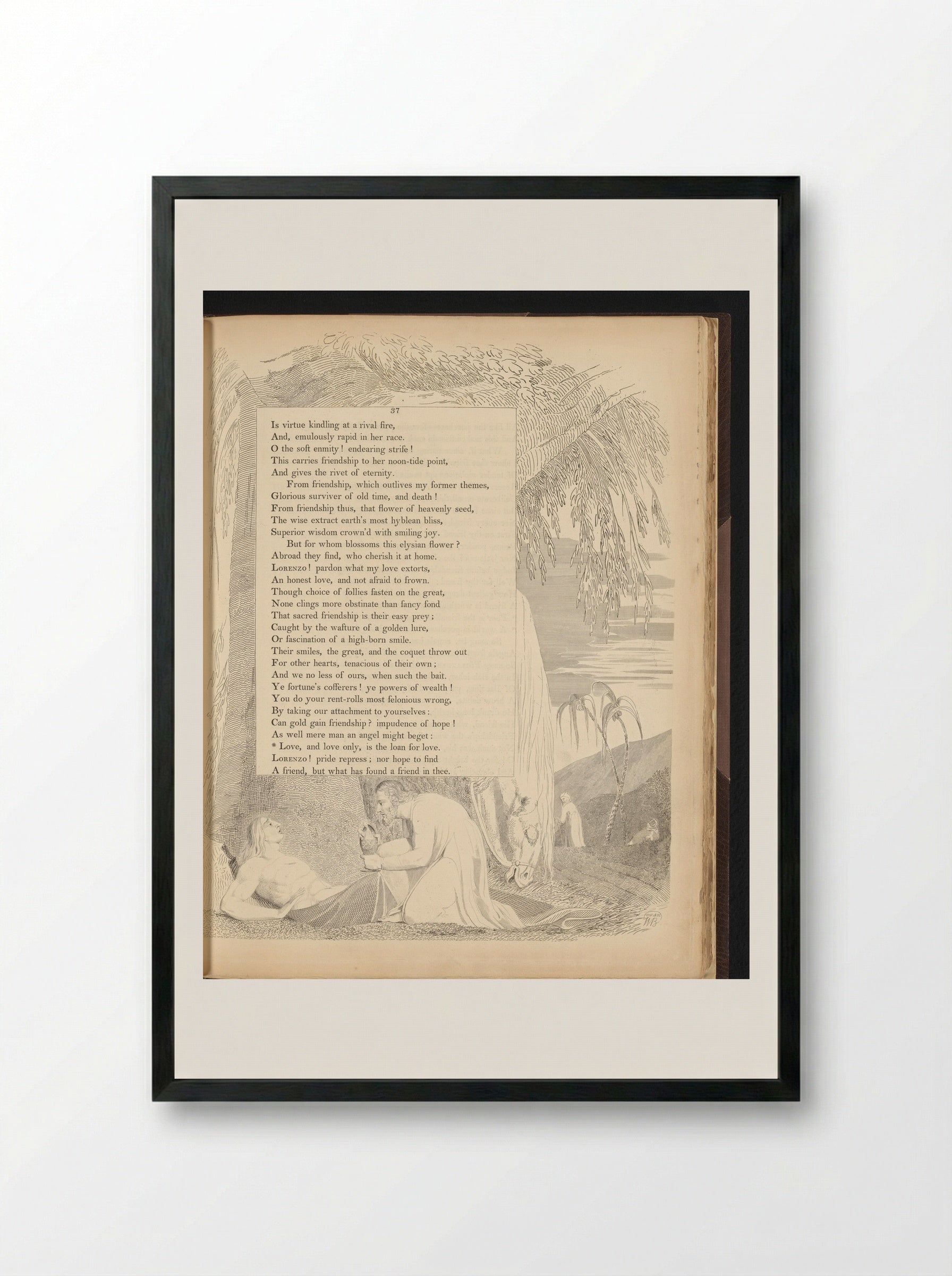 Man crouching by a reclining man beside a tree with a horse - William Blake - Framed Print Black