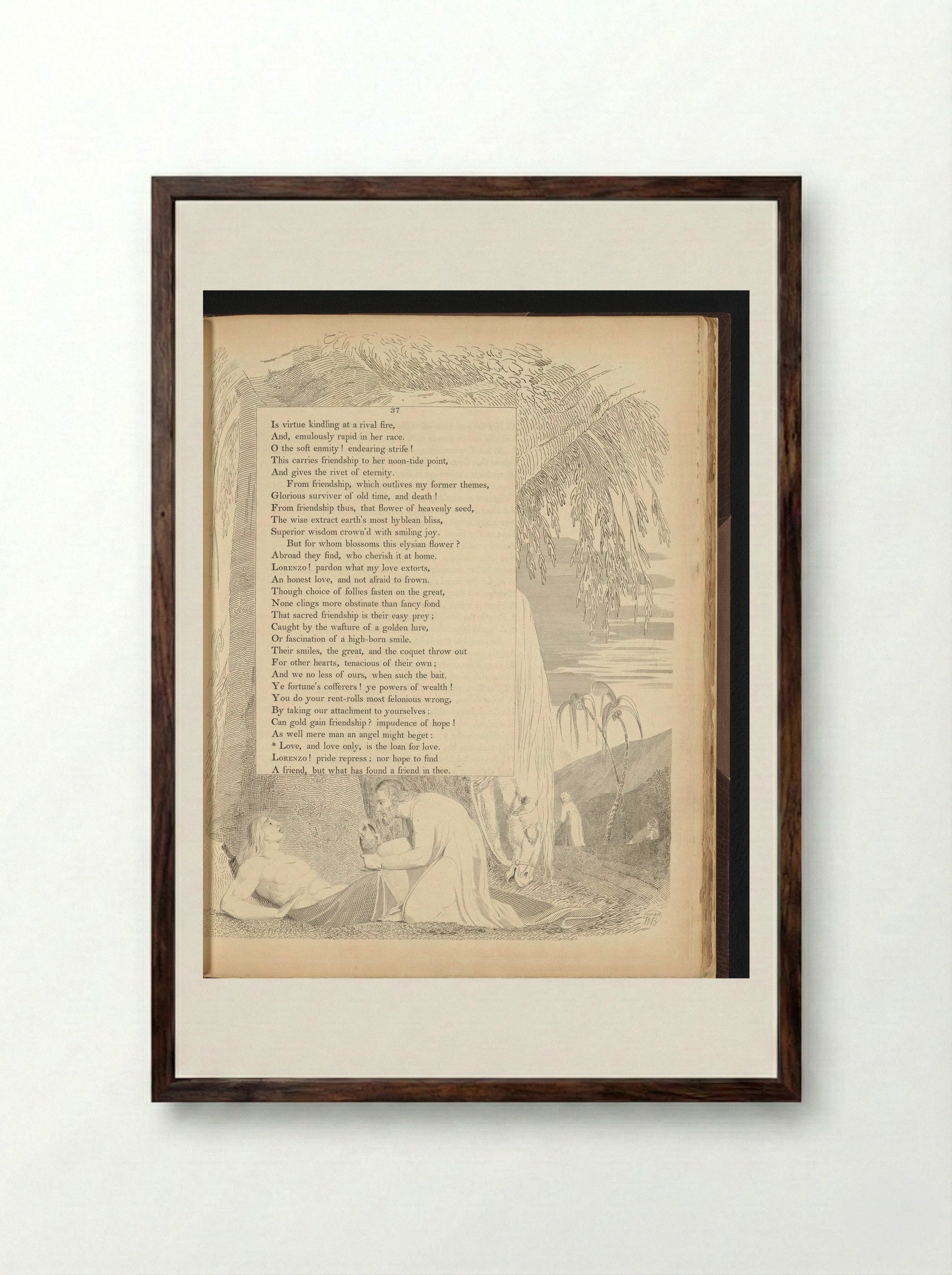 Man crouching by a reclining man beside a tree with a horse - William Blake - Framed Print Dark Wood