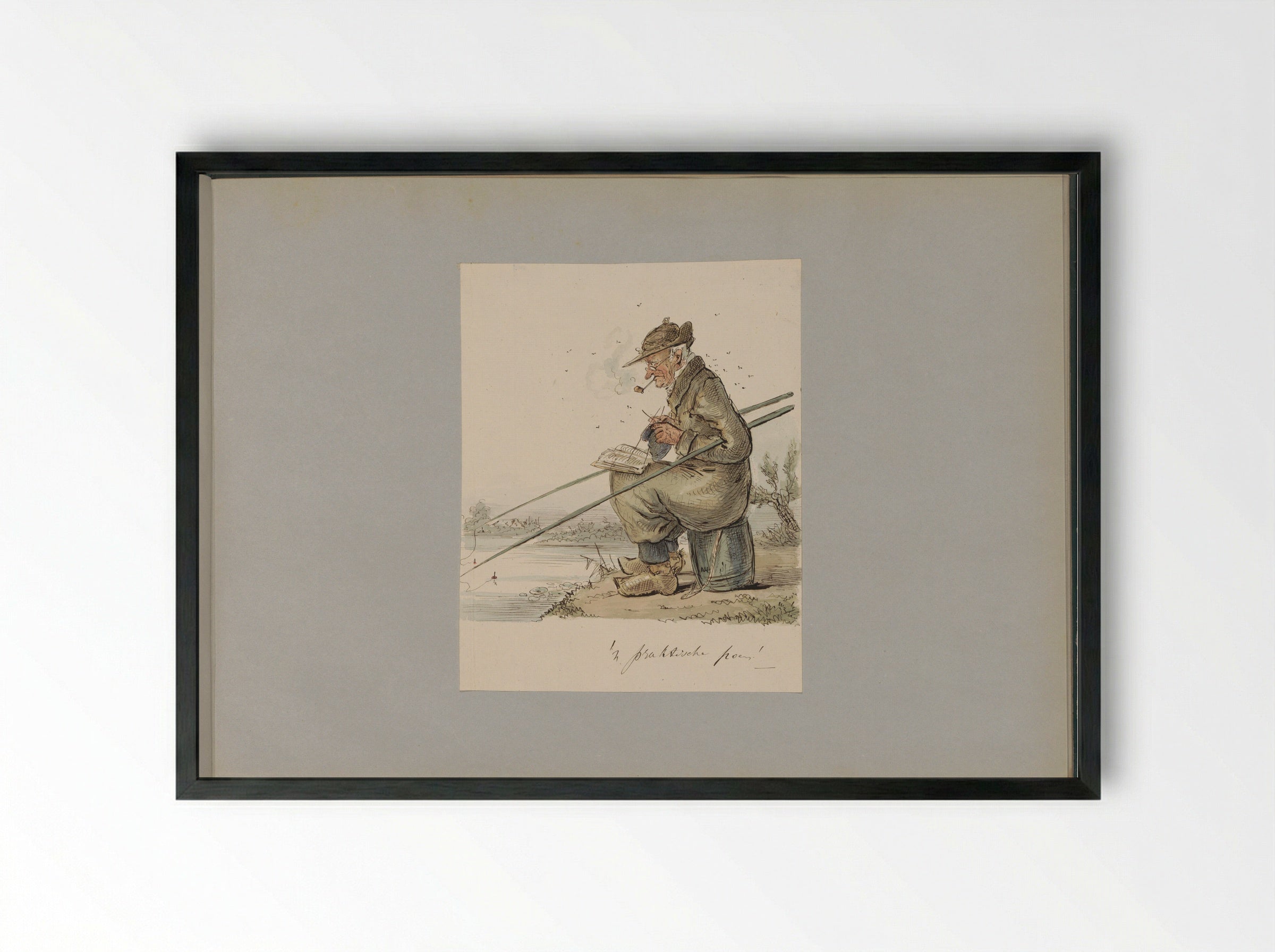 Man die vist, breit, rookt en leest aan een waterkant - Alexander Ver Huell - Framed Print Black