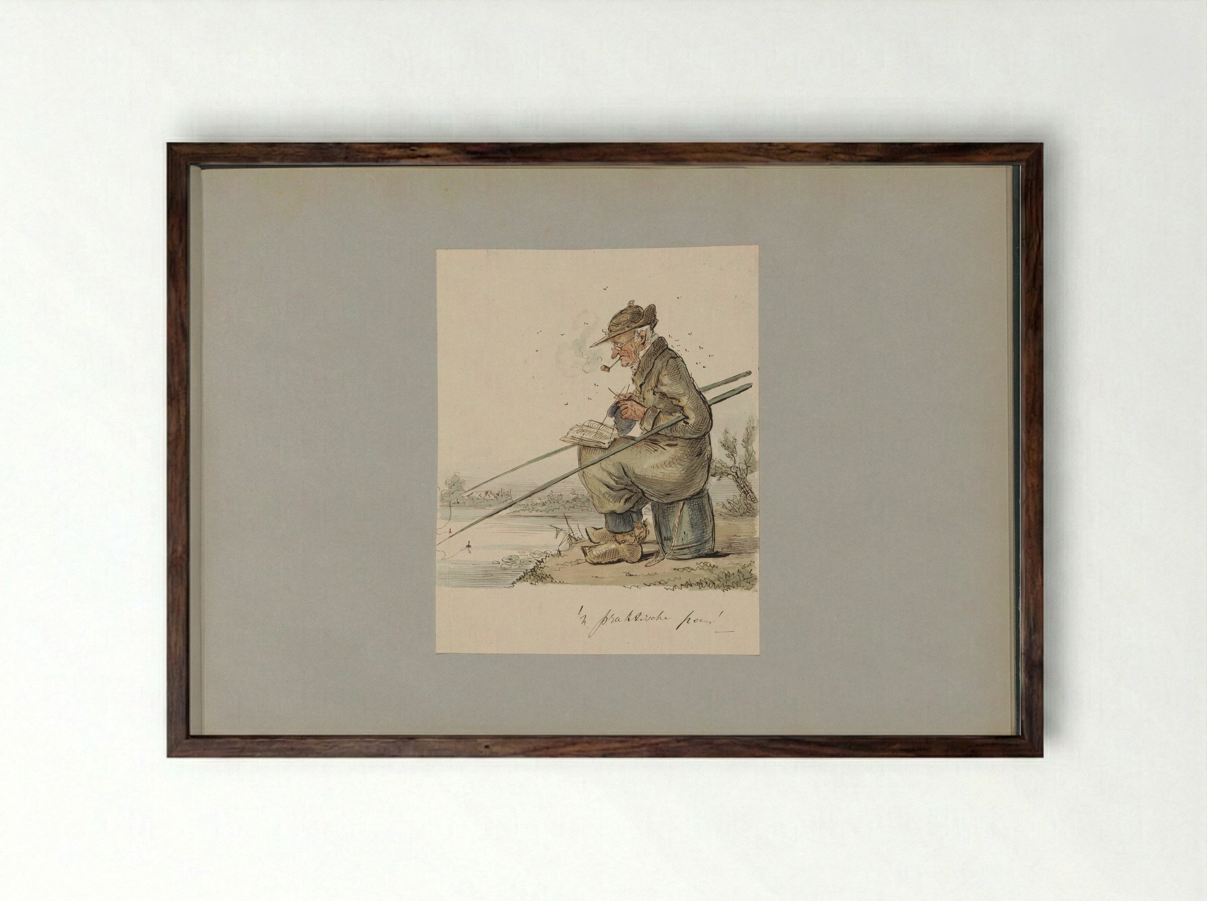 Man die vist, breit, rookt en leest aan een waterkant - Alexander Ver Huell - Framed Print Dark Wood