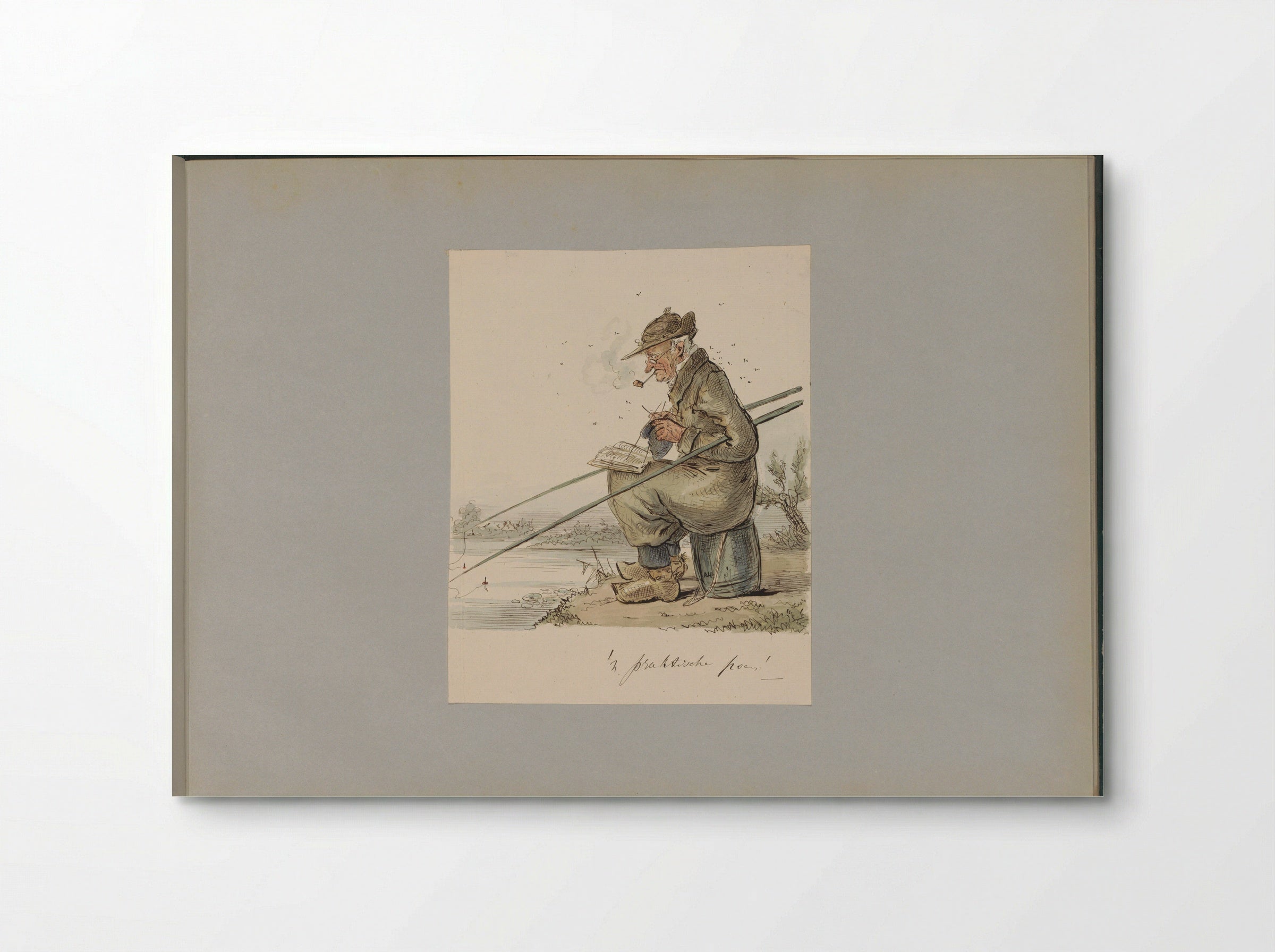 Man die vist, breit, rookt en leest aan een waterkant - Alexander Ver Huell - Poster