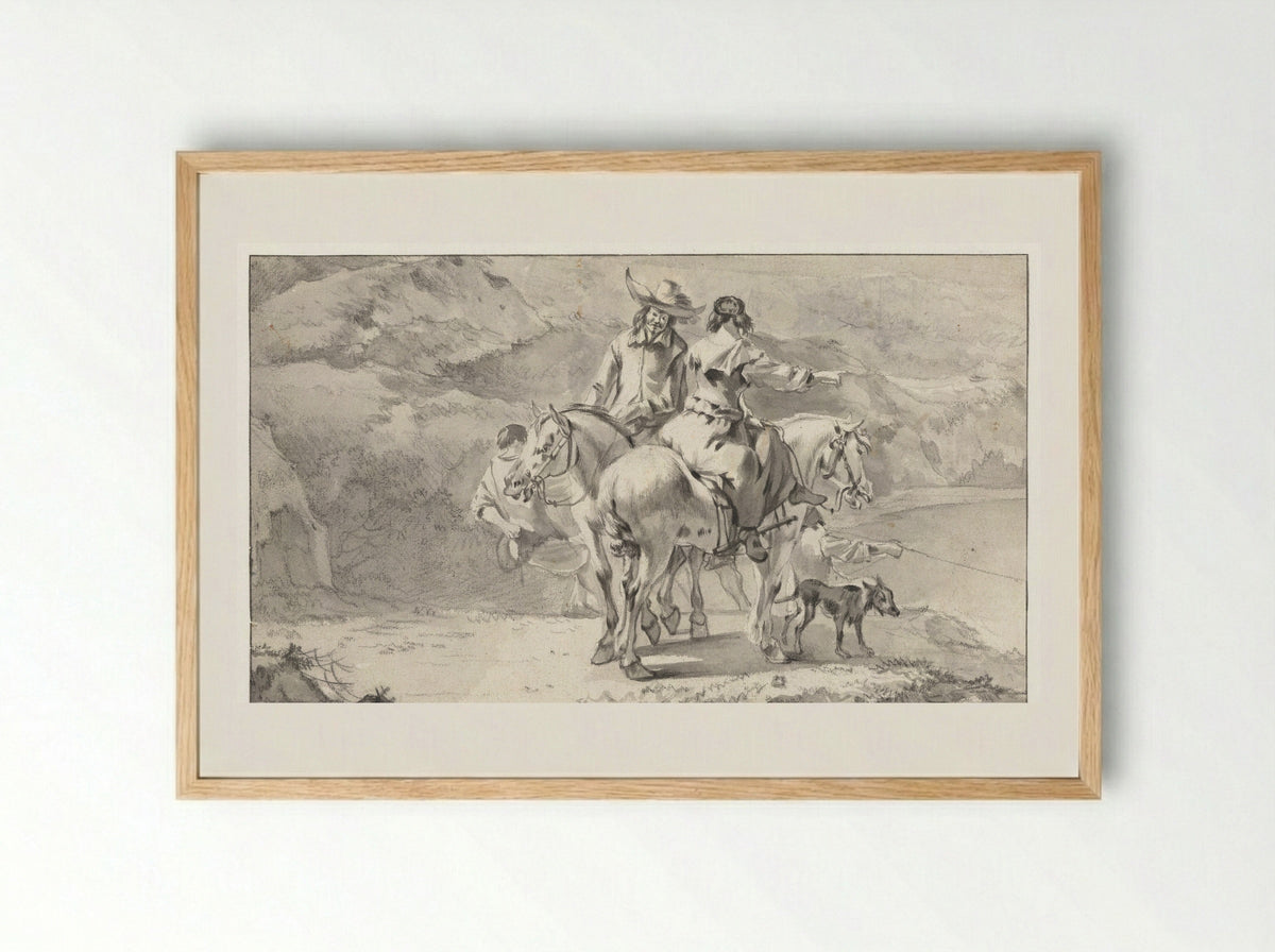 Man en een vrouw te paard bij een bergmeer - Abraham Jansz Begeyn - Framed Print Wood