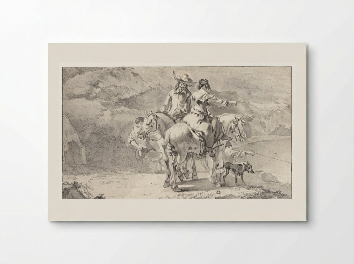 Man en een vrouw te paard bij een bergmeer - Abraham Jansz Begeyn - Poster