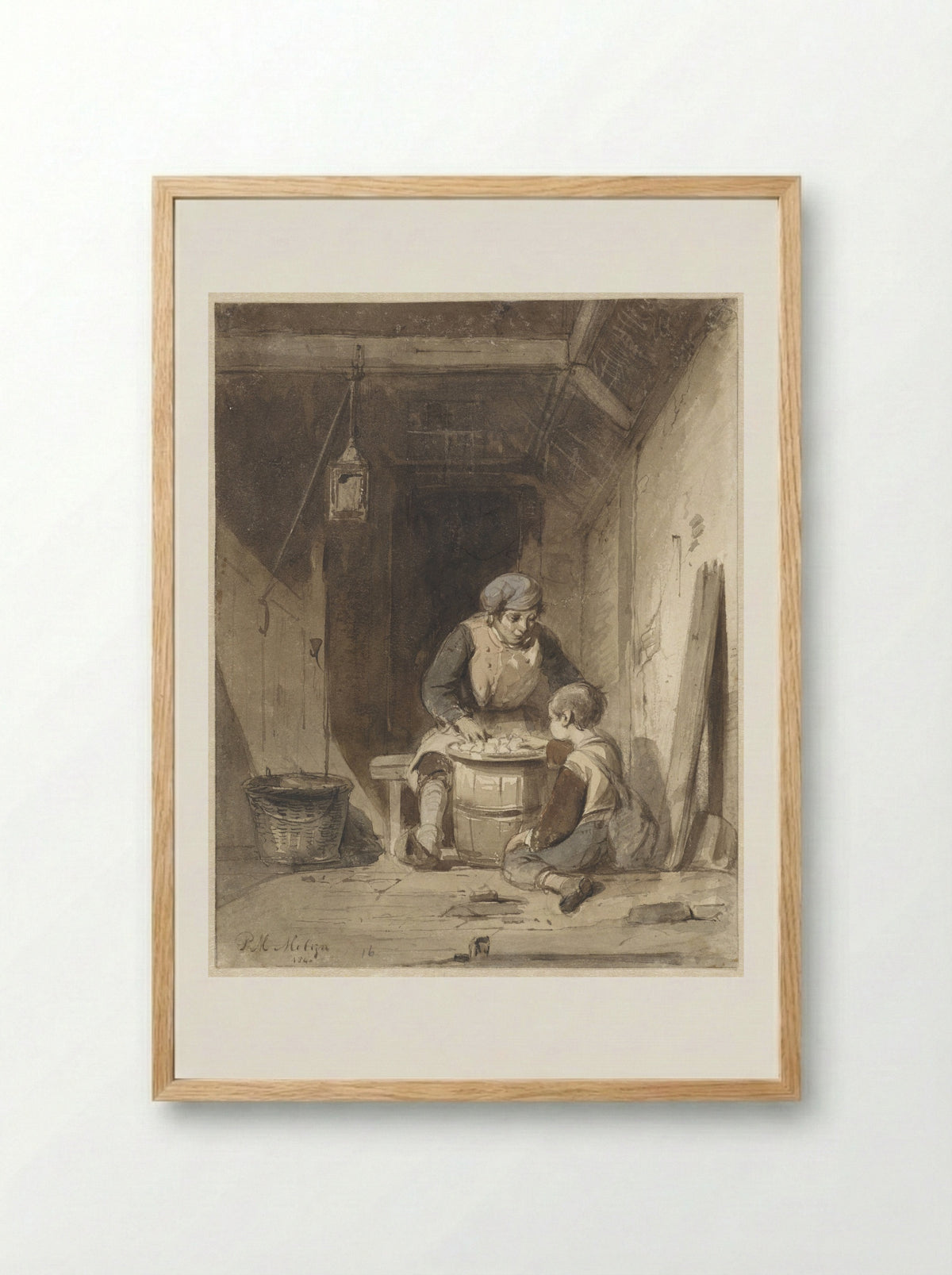 Man en jongetje etend in een schuur - Petrus Marius Molijn - Framed Print Wood