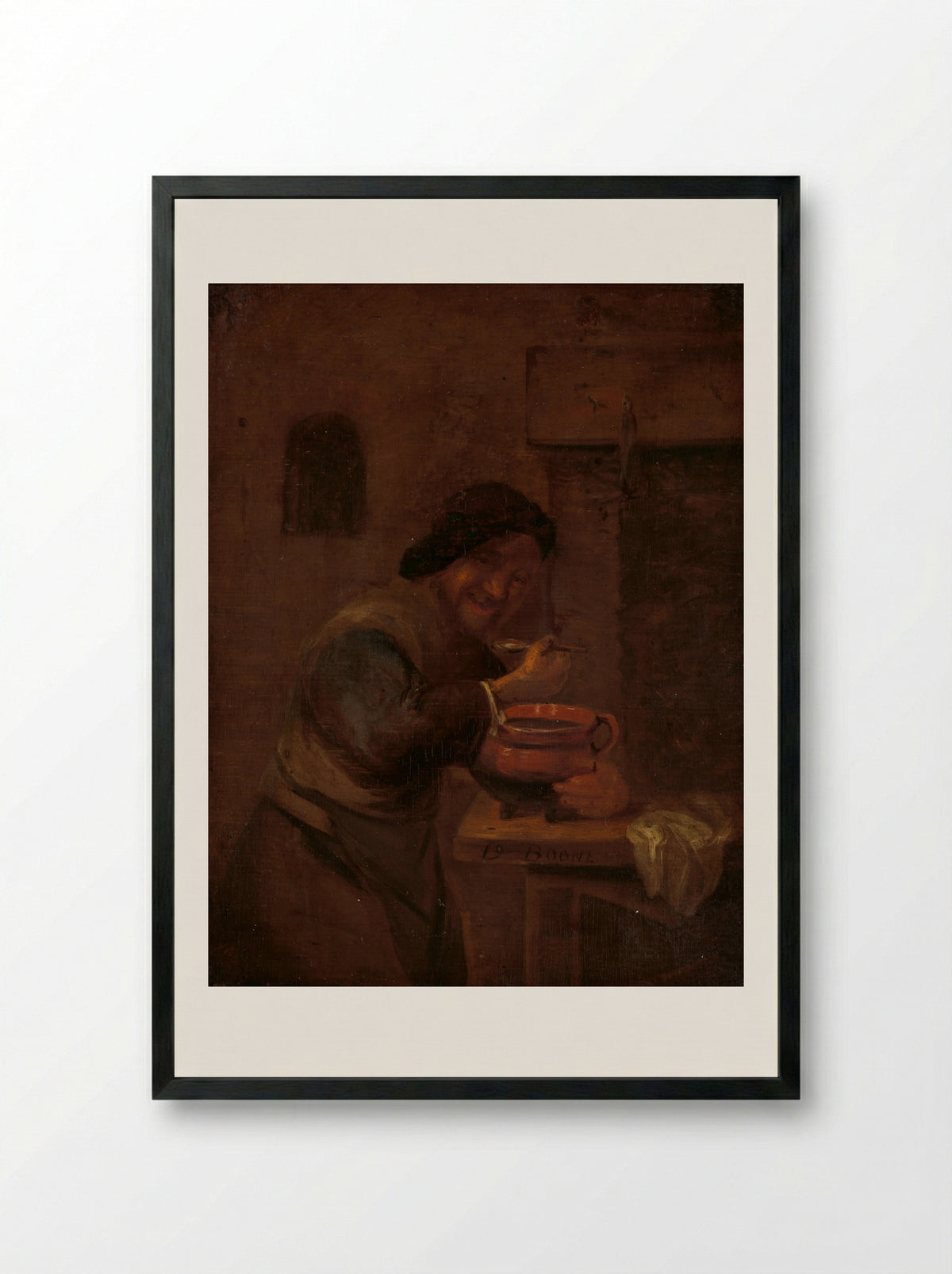 Man etend uit een aardewerken pot - Daniël Boone - Framed Print Black