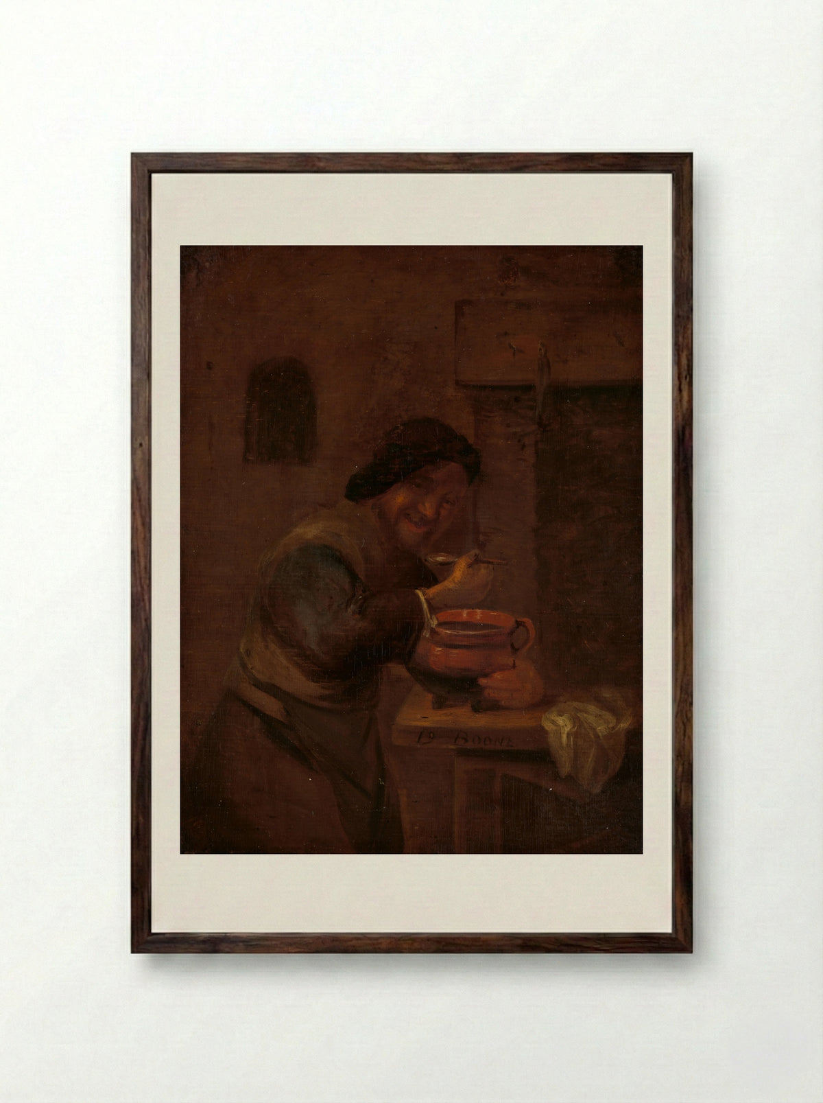 Man etend uit een aardewerken pot - Daniël Boone - Framed Print Dark Wood