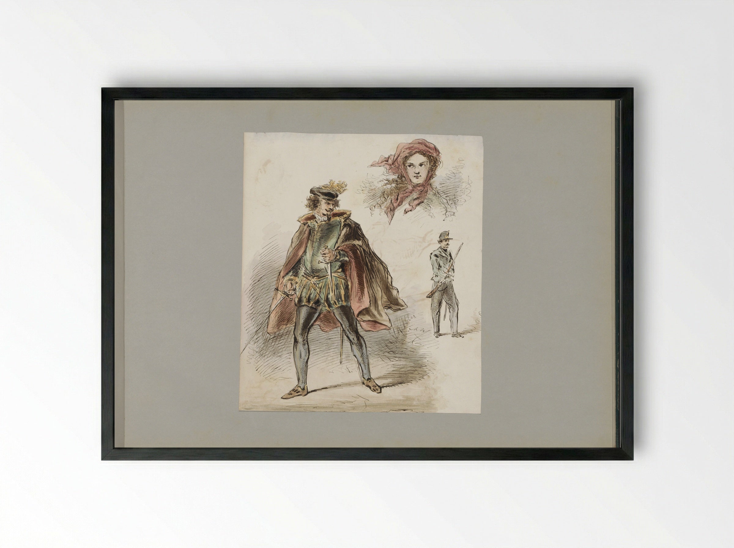Man in Historical Costume, a Woman with a Headscarf, and a Soldier - Alexander Ver Huell - Framed Print Black