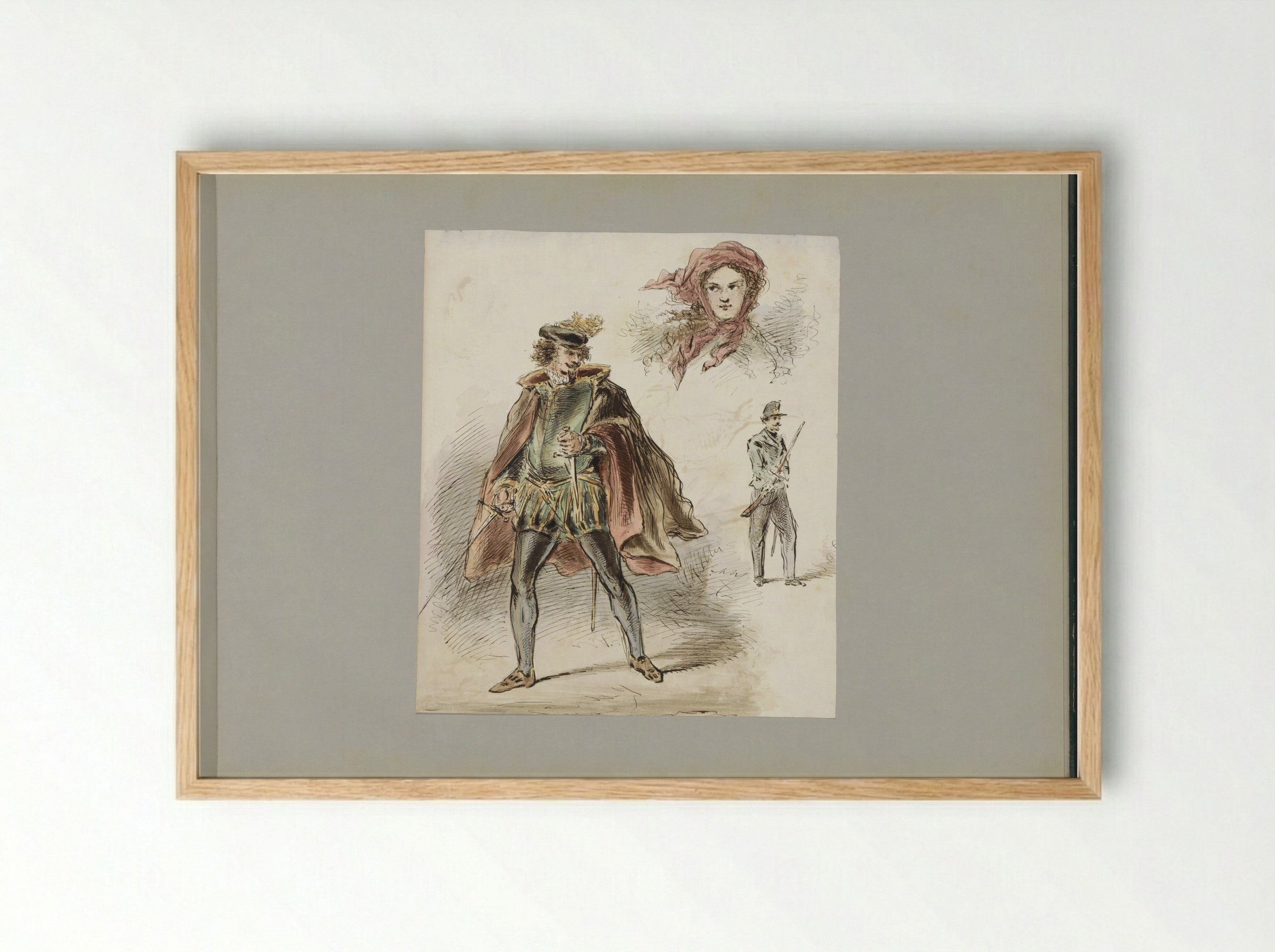 Man in Historical Costume, a Woman with a Headscarf, and a Soldier - Alexander Ver Huell - Framed Print Wood