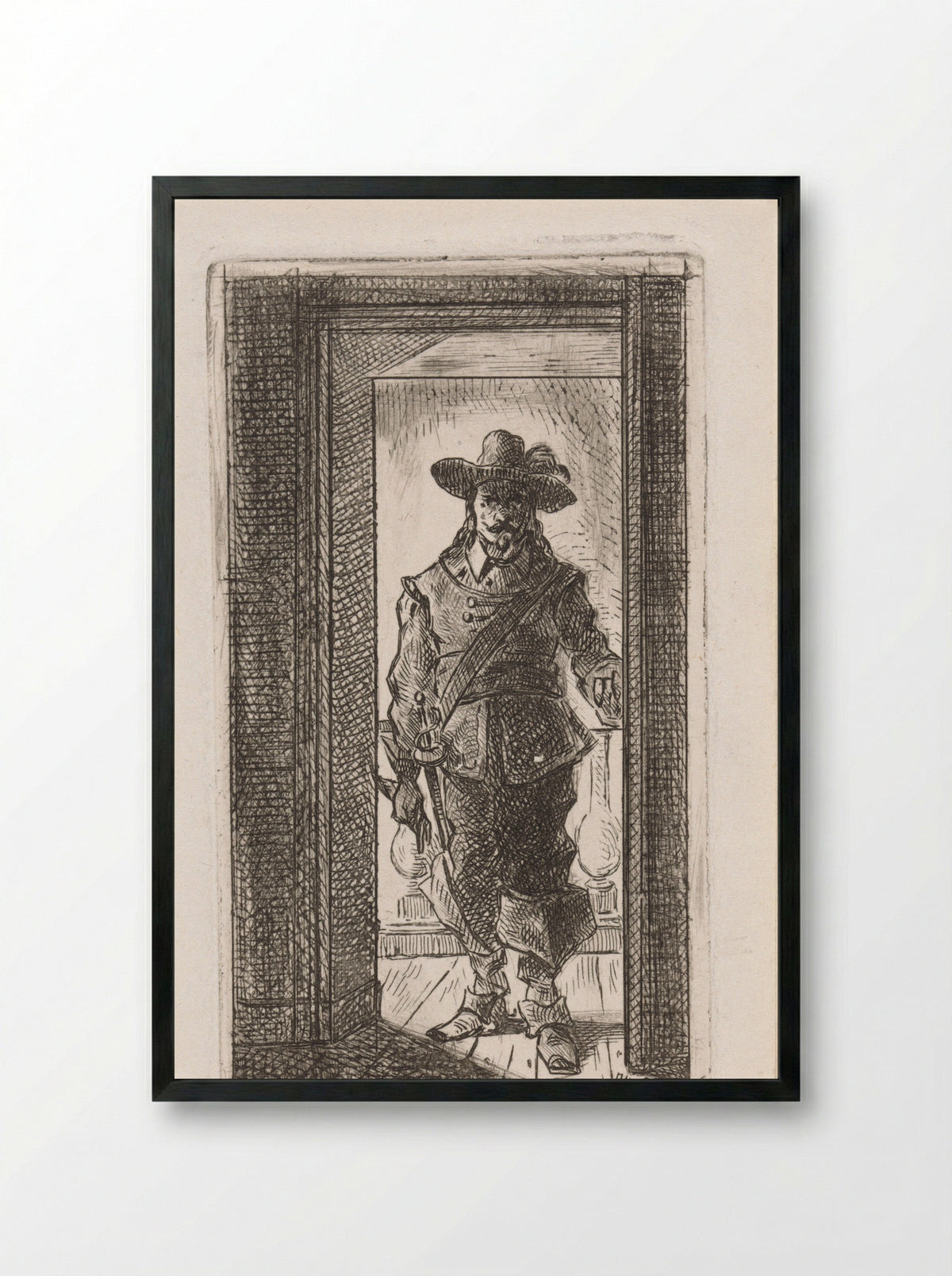 Man in Seventeenth-Century Costume Standing in a Doorway - Jan Gerard Smits - Framed Print Black