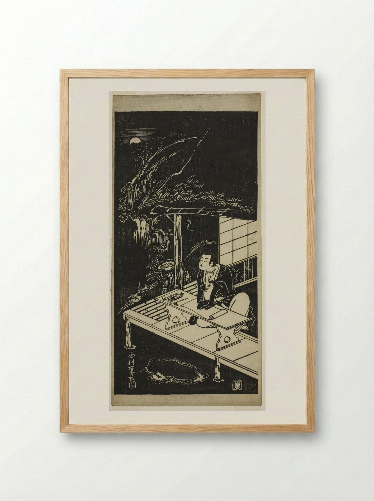 Man in Thatched Hut Viewing the Moon - Nishimura Shigenaga - Framed Print Wood