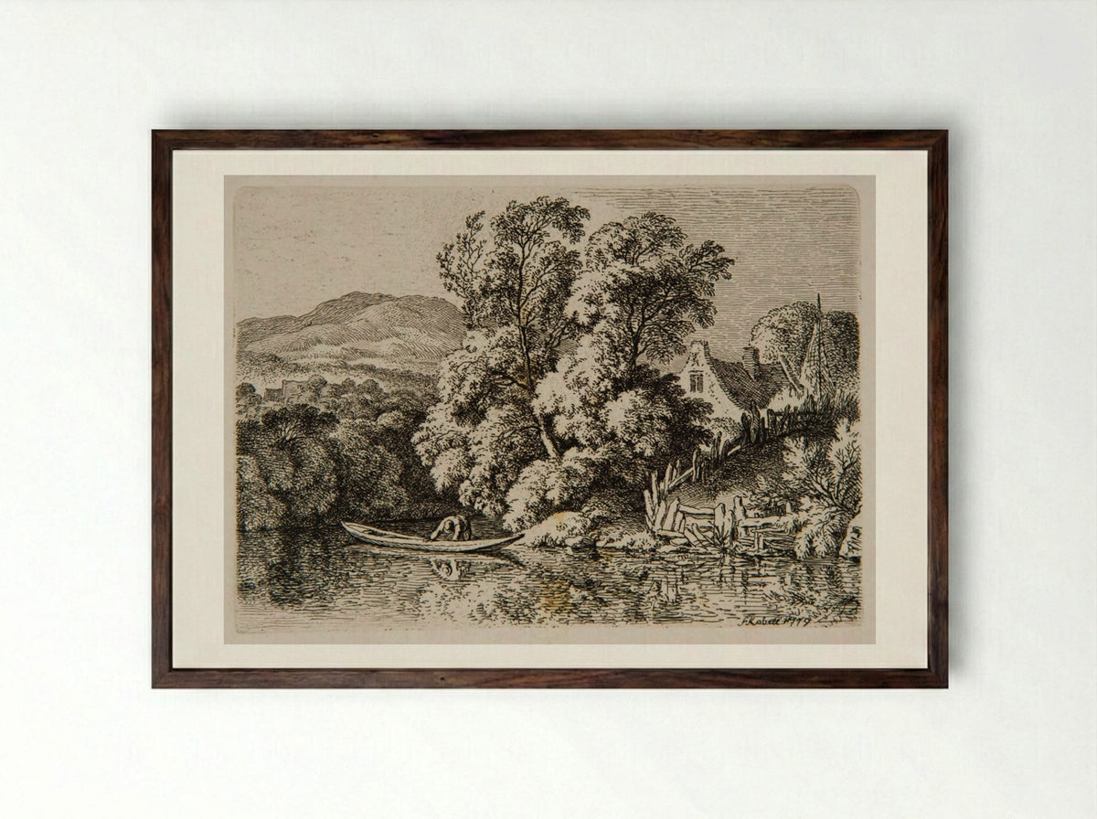 Man in a Boat on the River - Ferdinand Kobell - Framed Print Dark Wood