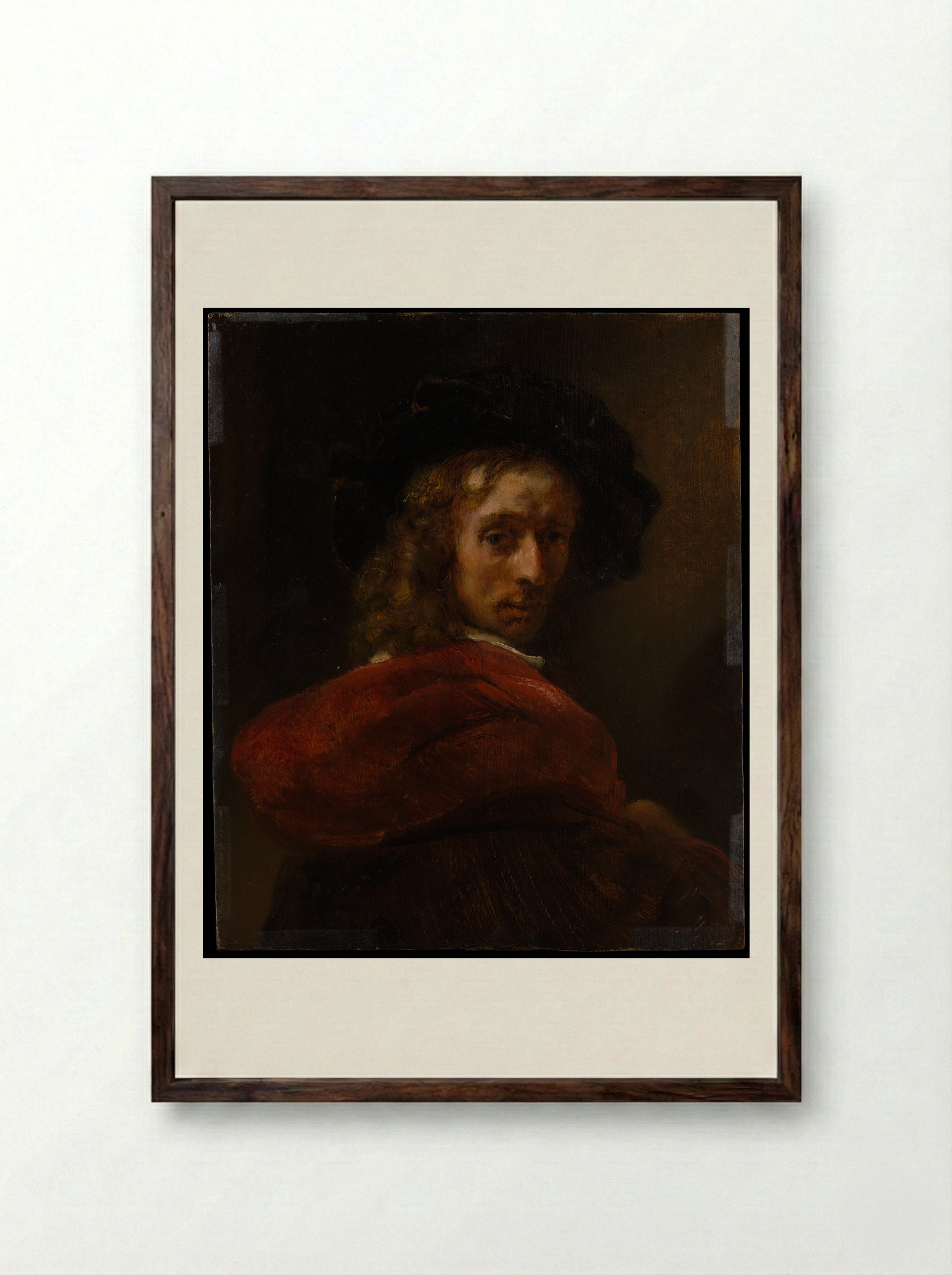 Man in a Red Cloak - Rembrandt van Rijn - Framed Print Dark Wood