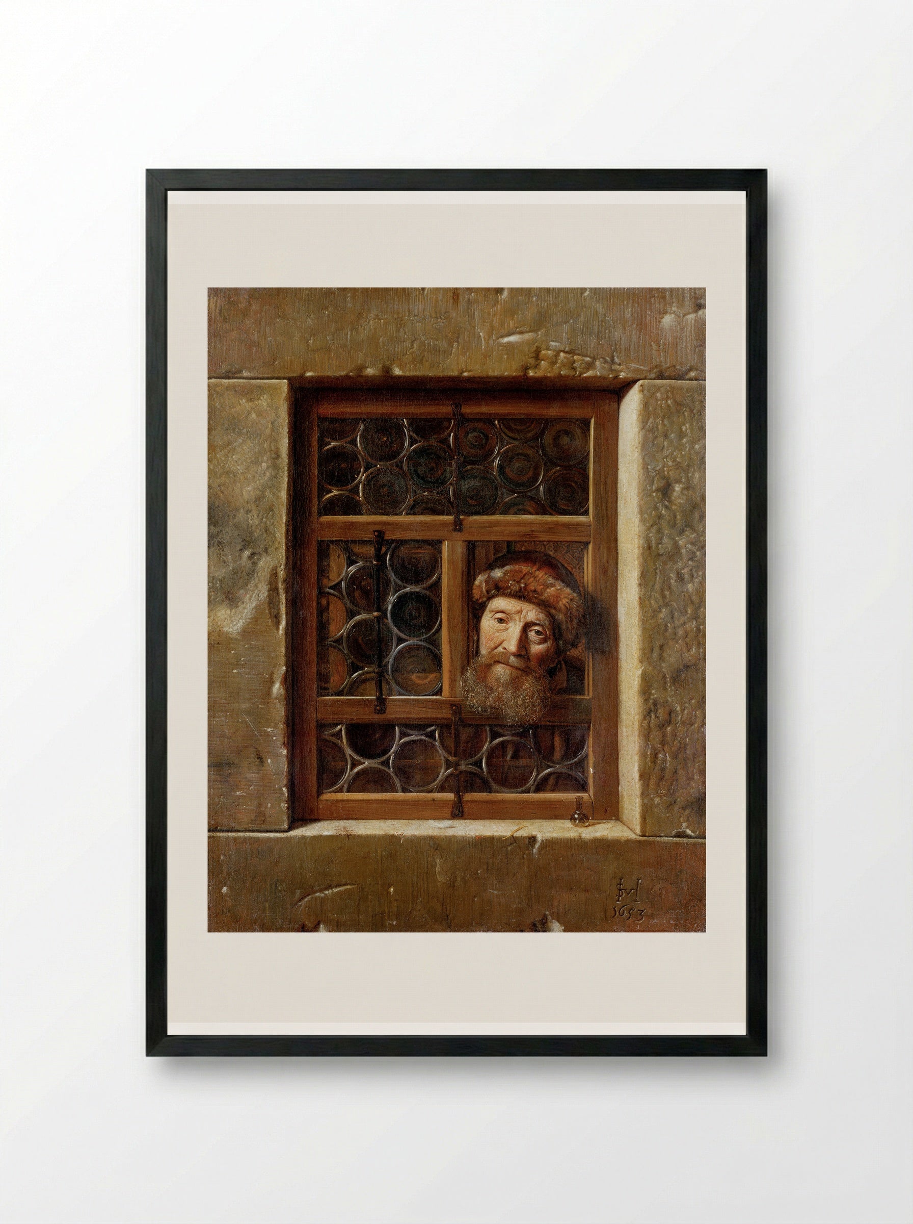 Man in a Window - Samuel van Hoogstraten - Framed Print Black