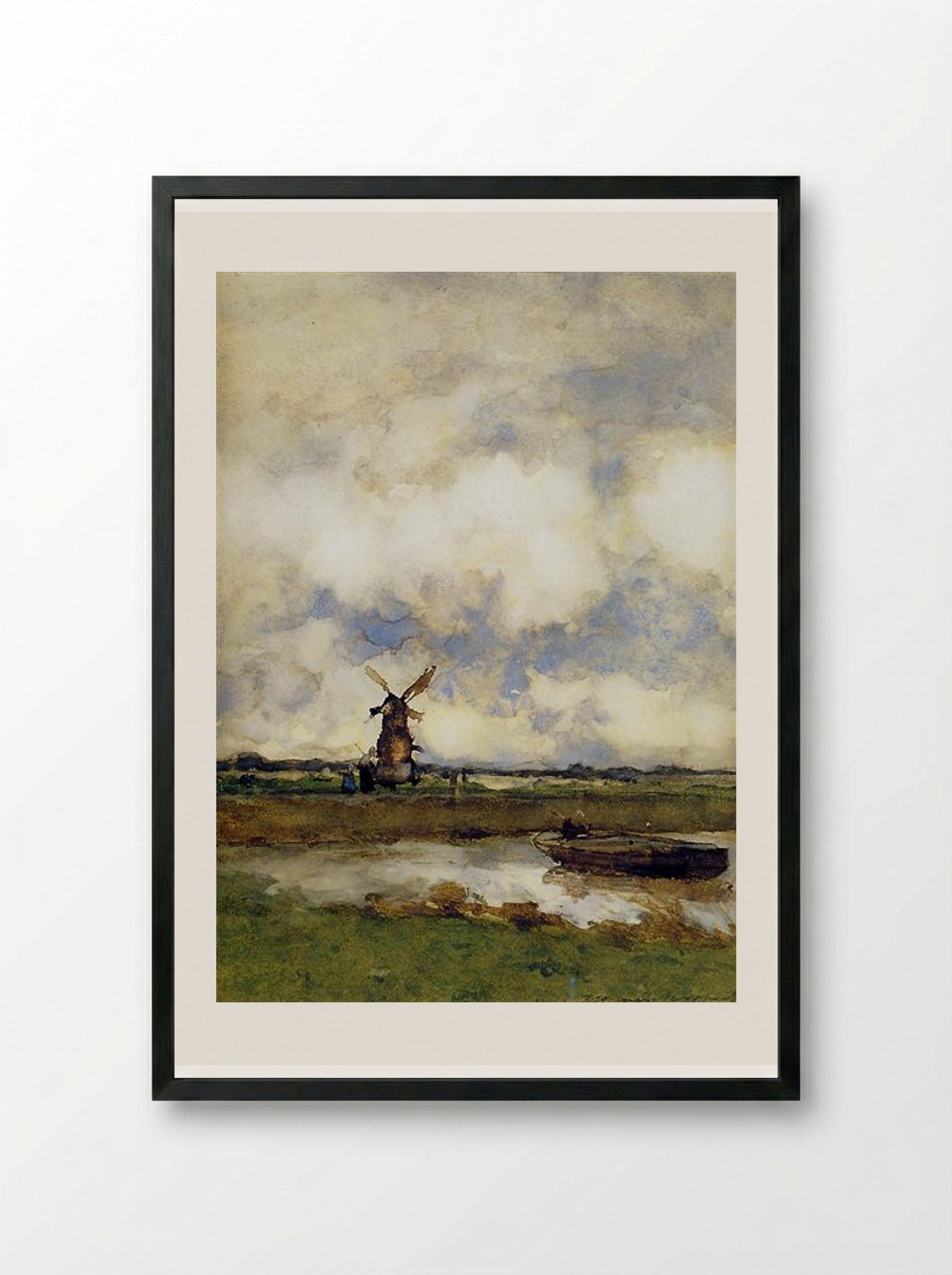Man in a boat in a canal - Johan Hendrik Weissenbruch - Framed Print Black
